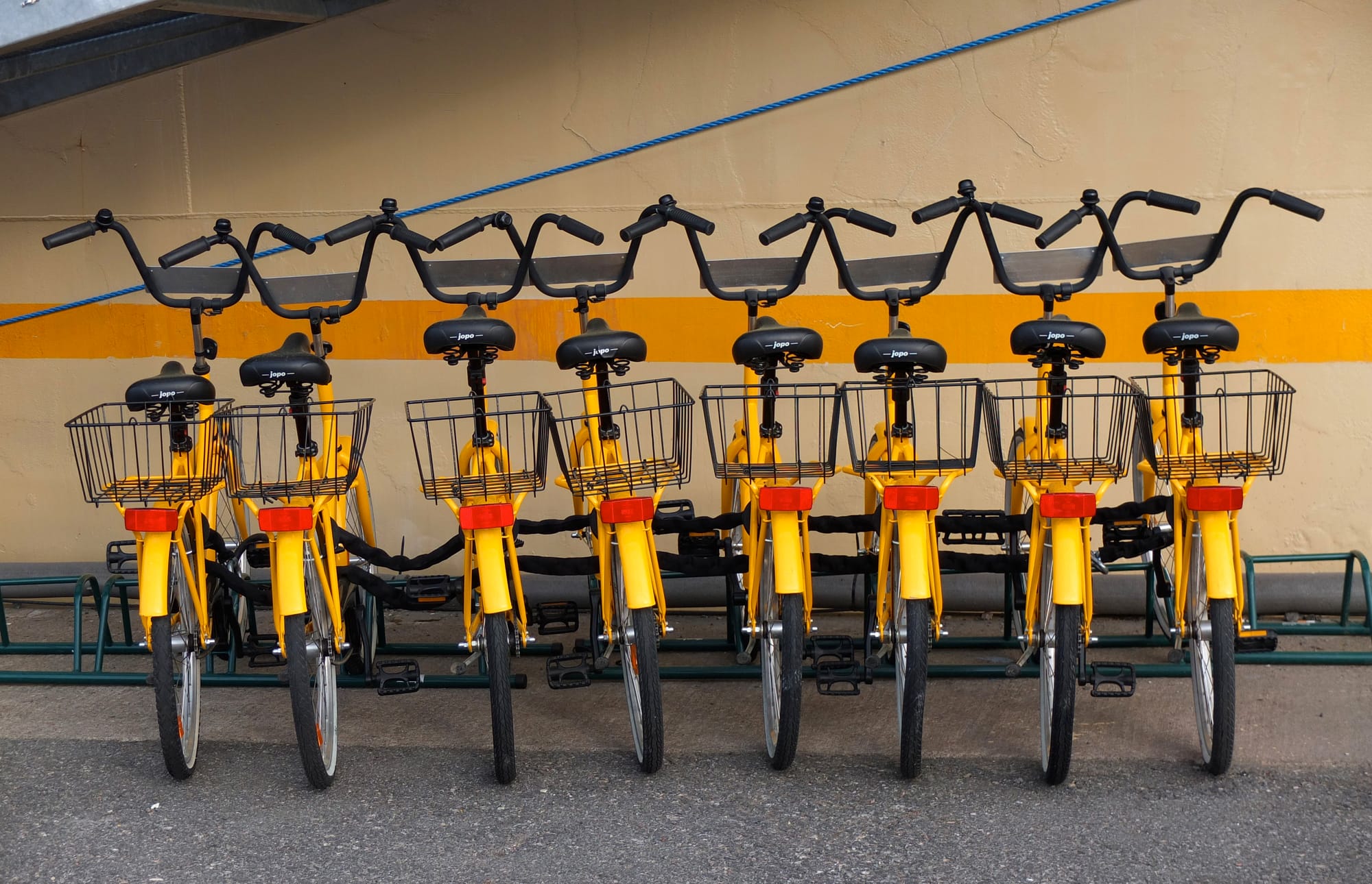 Bicycles for rent by Bore hostel ship, Aura river, Turku, Finland, April 2014