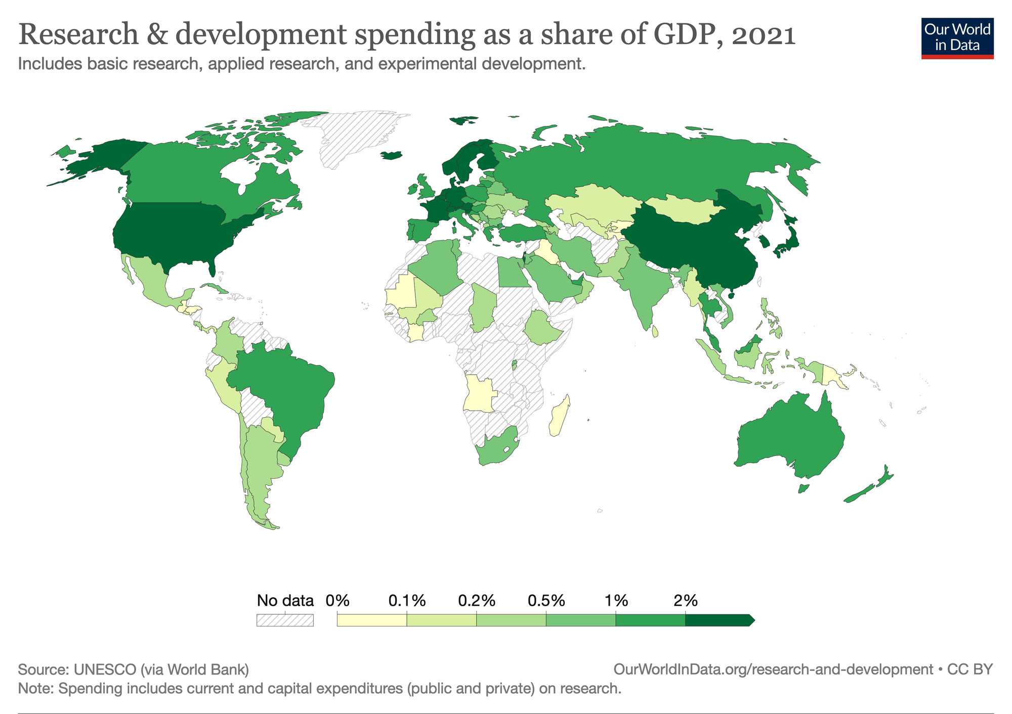 "This indicator measures expenditure on research and development (R&D) activities as a percentage of total gross domestic product (GDP) of a given country.

Expenditures for research and development are current and capital expenditures (both public and private) on creative work undertaken systematically to increase knowledge, including knowledge of humanity, culture, and society, and the use of knowledge for new applications. R&D covers basic research, applied research, and experimental development."