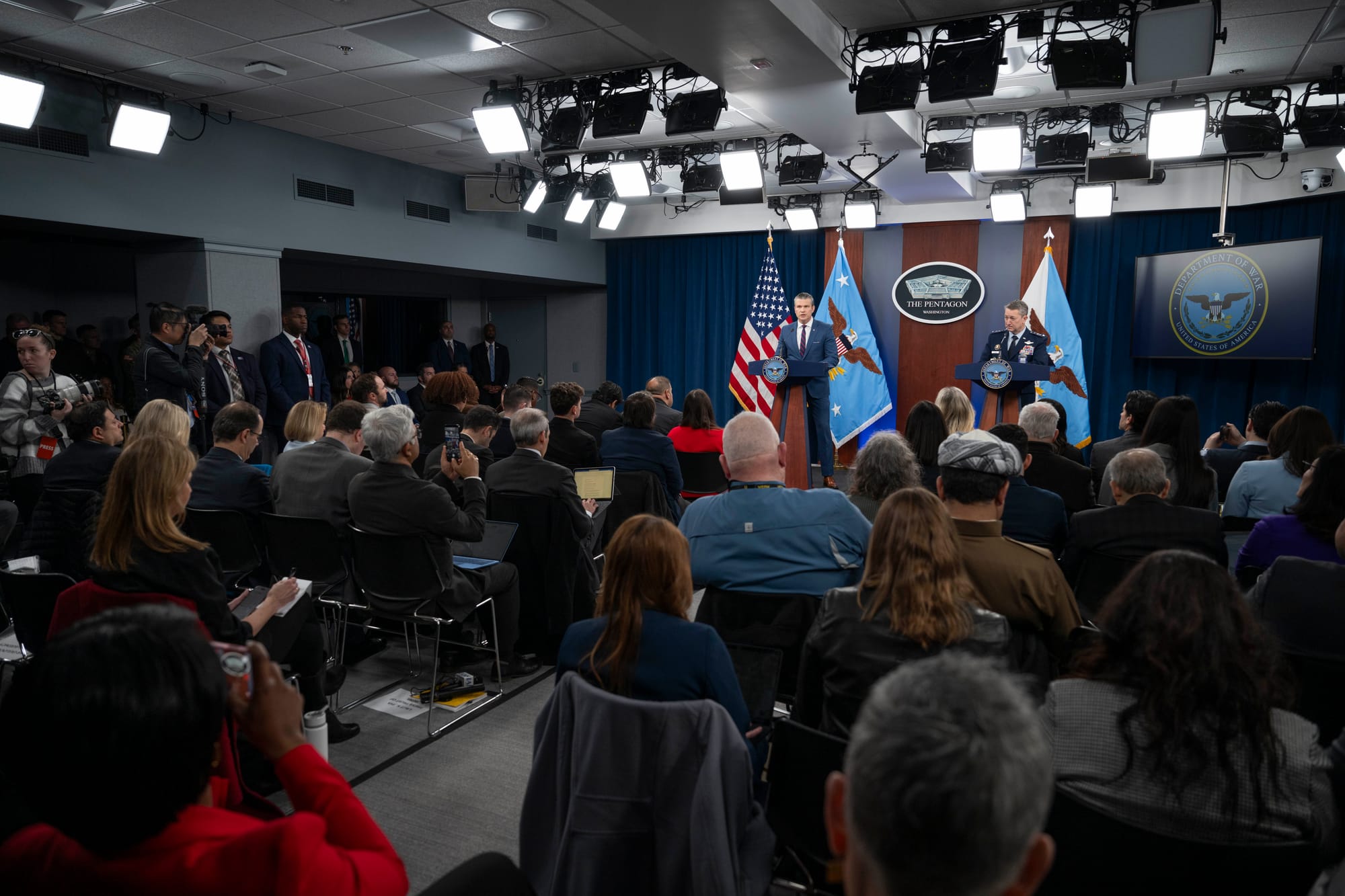Secretary of War Pete Hegseth and Chairman of the Joint Chiefs of Staff U.S. Air Force Gen. Dan Caine conduct a press briefing on Operation Epic Fury at the Pentagon, Washington, D.C., March 2, 2026. (DoW photo by U.S. Air Force Staff Sgt. Madelyn Keech)