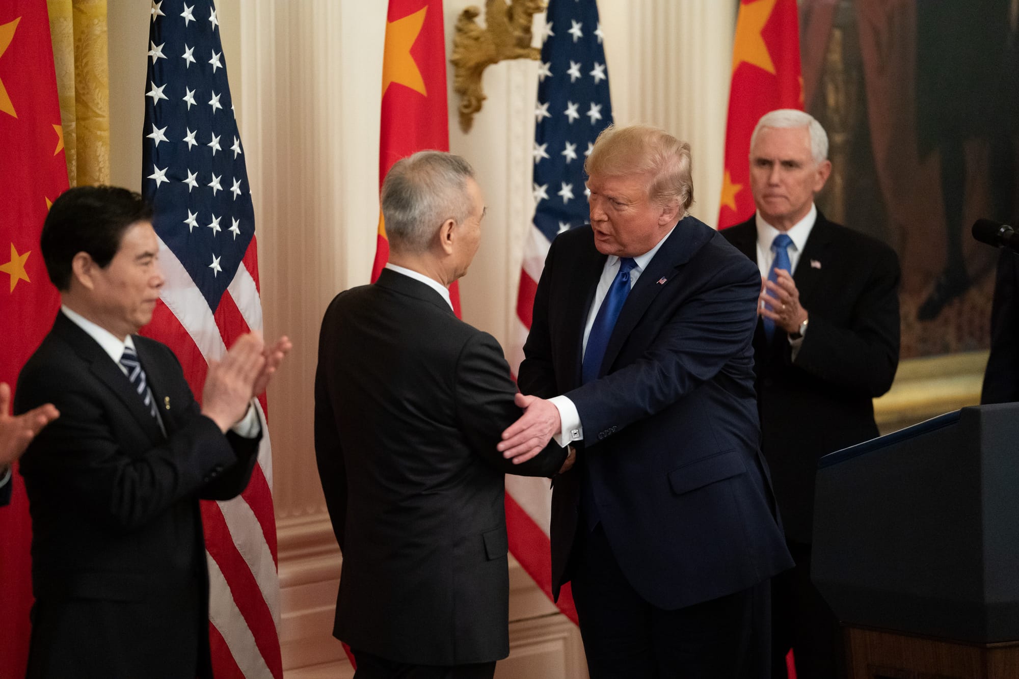 President Donald J. Trump listens as Chinese Vice Premier Liu He delivers remarks prior the signing ceremony of the U.S. China Phase One Trade Agreement Wednesday, Jan. 15, 2020, in the East Room of the White House. (Official White House Photo by Tia Dufour)