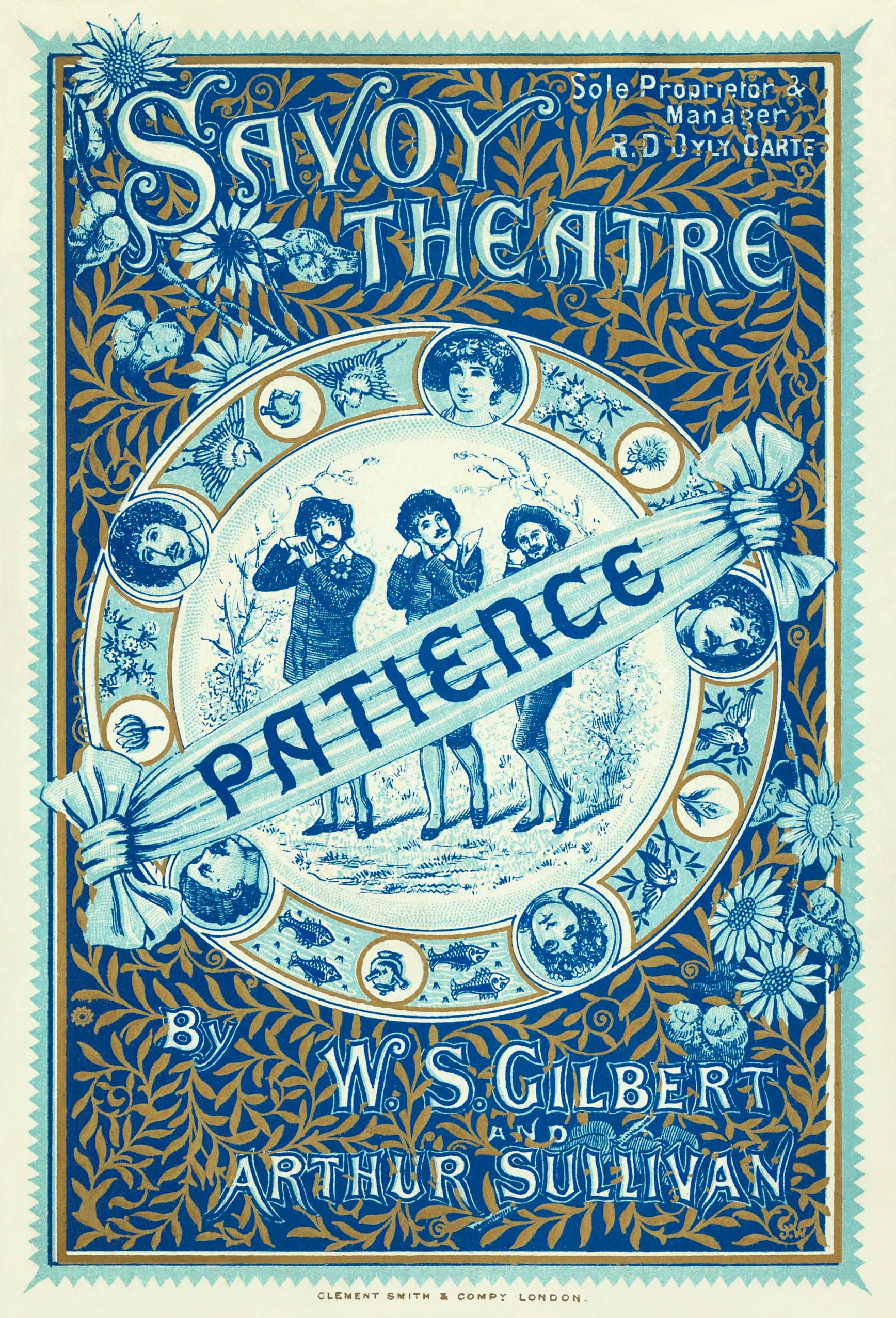 Souvenir programme for Gilbert and Sullivan's Patience at the Savoy Theatre. Appears to be a three-plate print (dark blue, light blue, and gold/copper).