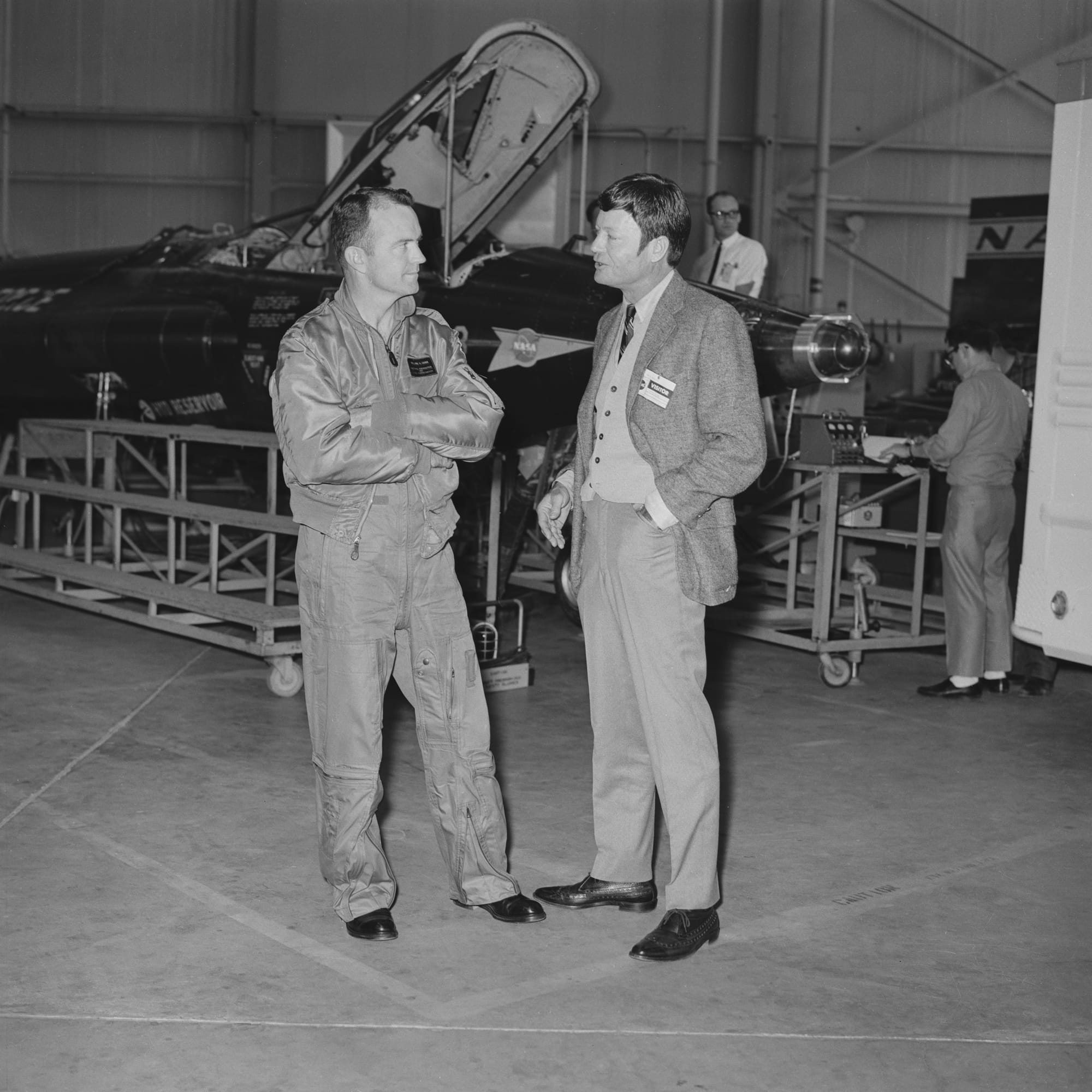 The 1960s Star Trek television series’ cast member Chief Medical Officer Leonard "Bones" McCoy played by Jackson DeForest Kelley talks to William Harvey "Bill" Dana, NASA X-15 pilot, in front of one of three X-15’s during visit to NASA Dryden Flight Research Center, now Armstrong, back in 1967.