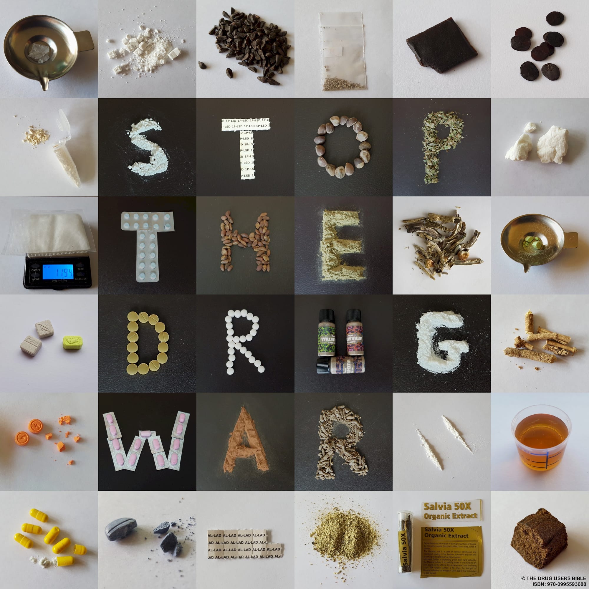 This collage contains 36 of the 157 drugs which were self-administered by the author of the harm reduction book; The Drug Users Bible. It integrates a message of opposition to the war in drugs.
The chemicals and botanical psychoactives, listed row by row, are:
Methamphetamine, Xanax, Morning Glory Seeds, Heroin, Opium, Yopo Seeds
2C-B-Fly, 3-FPM, 1P-LSD, Hawaiian Baby Woodrose Seeds, Cannabis, Amphetamine
GHB, Diazepam, Celastrus Paniculatus Seeds, Kratom, Psilocybe Cubensis Mushrooms, 2C-I
MDMA, Pyrazolam, Noopept, Rapé, 2AI, Ubulawu
Adderall, Etizolam, Kola Nut, Valerian Root, Cocaine, DXM
Clonazolam, MXP, AL-LAD, San Pedro Cactus, Salvia Divinorum, Street Hash.