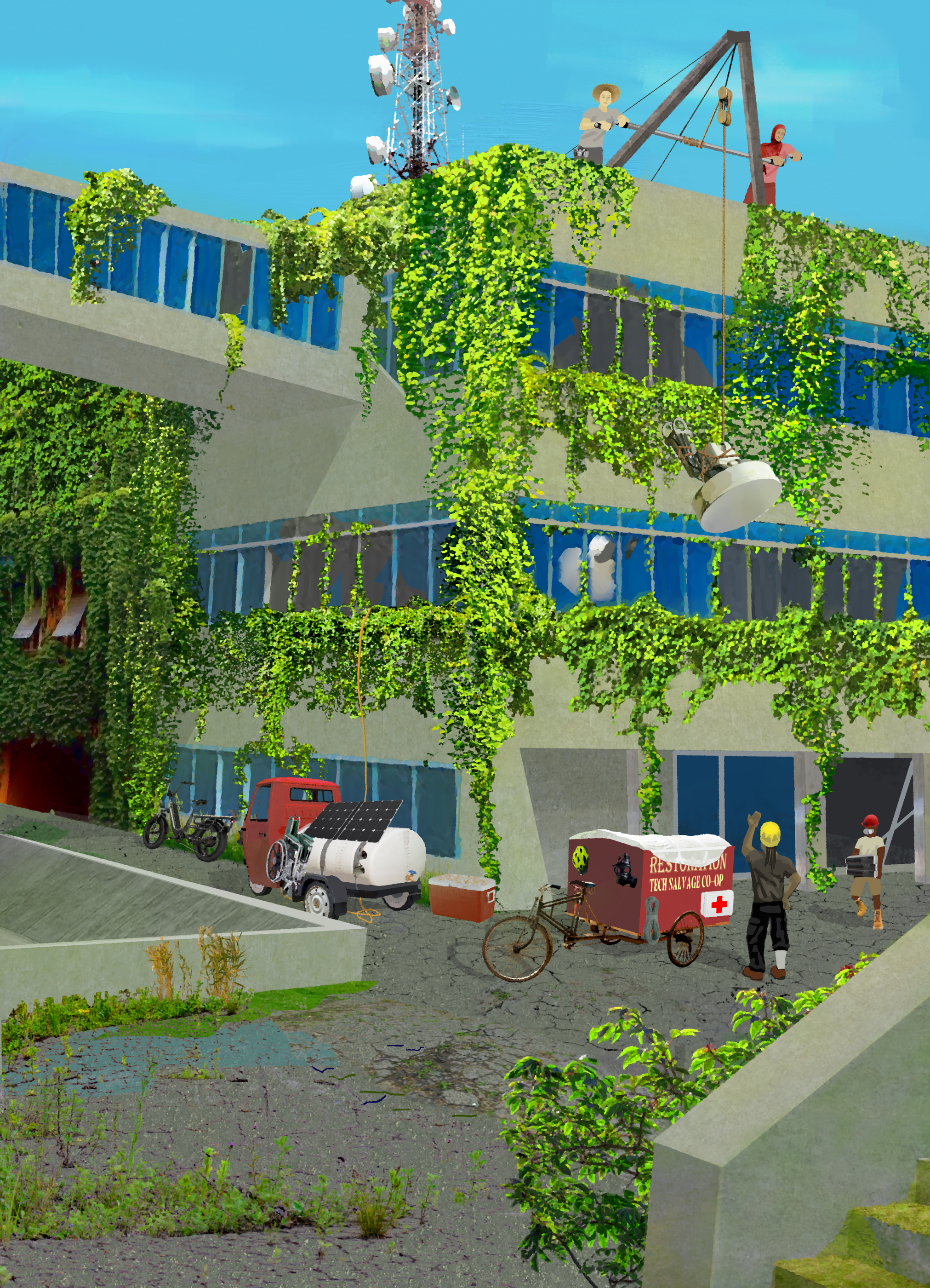 This image shows part of a tech salvage co-op on a tech raid (inspired by arcade cabinet raids) where members of a co-op have located unused, in-tact technology, and have negotiated with the current occupants (or owners if no one lives there) for the recovery of the devices. These will then be used to extend the meshnet or add redundancies, improve the capabilities of libraries, or provide to others in their community.
I picture this being a kind of exciting event for those involved – all the members of the co-op, along with friends and relatives who want to help, would participate. People would pack for spending all day or days exploring and working in an abandoned building, and a motley collection of vehicles, mostly electrical and pedal-powered, would navigate some fairly rough and overgrown roads to the site. The co-op would hopefully have a fairly well planned system, with different roles (based on training and capabilities) and necessary equipment, defined ahead of time.
At the site, they’d meet with any occupants or owners, announce themselves, and start confirming whatever earlier scouting parties might have found. From there it would be something of a combination of urbexing, unlicensed electrical work to make things safe, and a lot of physical labor hauling everything out and packing it for the ride home. There’d likely be a fairly steady stream of vehicles rolling from the site back to whatever settlement the co-op operates out of.
I imagine a lot of the people supporting a raid are volunteers, either along for fun or on a favor-for-favor basis. I imagine that the local cycling clubs, rock climbing clubs, volunteer medics, bakeries, and bike-repair co-ops who support the thing all have excellent technology back home.
As for likely raid sites, I see office parks as being kind of unnecessary in general, and especially so in this setting (one I’ve been playing with for a bit but haven’t published anything in yet), where society and infrastructure crumbling have made commuting unreasonable and some of the work unnecessary. Being outside the cities and not in immediate use, they would have been a low priority for restoration/re-occupancy, making them a good candidate for this kind of salvage operation decades on.