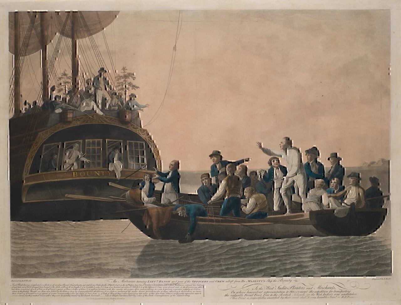 The Mutineers turning Lieut Bligh and part of the Officers and Crew adrift from His Majesty's Ship the Bounty [ 29 April 1789]
HM sloop 'Bounty' was a small West Indiaman of 250 tons, previously called 'Bethia', and  purchased by the Admiralty on the Thames for the voyage to the Pacific to obtain breadfruit for Britain's slave colonies in the Caribbean. She was the smallest of several candidates for a voyage which the Admiralty only agreed to under pressure from the Royal Society and the king, and she was not chosen by Bligh (who was at sea and only appointed to command her on return) but by Sir Joseph Banks and the gardener who sailed with her to advise on plant collection. They considered her best suited to purpose: Bligh would probably not have done so, partly because she was small for a single-vessel expedition in practical terms but also because, on that ground, she was rated only as a sloop in which Bligh- then a lieutenant- was the only commissioned officer. Despite Bligh's requests for another lieutenant and a detachment of Marines to support his authority the Admiralty refused both - though both had been granted to Cook on is first Pacific voyage when he also was only a lieutenant - but in the larger 'Endeavour'. This was the start of the practical problems, none of Bligh's fault, which eventually contributed - with his undoubtedly mercurial temper - to the famous mutiny. It came to him as a shock, not least in being led by his favoured acting-lieutenant Fletcher Christian,  who was officially a master's mate and who had sailed with him before. Christian appears to have been fairly volatile as well and, with various others, was  certainly affected by the disorientating effects of a long stay in Tahiti - where he and they formed relationships with local women -  and the consequent tensions between local conditions and naval discipline, especially on leaving. Shortly afterwards a small incident in which Bligh exploded over the alleged pilfering of coconuts brought on board as provisions caused Christian and others to crack. The mutiny was very rapidly arranged and Bligh and eighteen followers were cast adrift in the ship's launch without charts, very limited instrumentation and only meagre rations. They were given cutlasses but no guns. One man was killed by hostile islanders when they briefly landed on Tofoa but, thanks to Bligh's skills as a navigator and seaman, he and all the others reached  the Dutch colony of Coupang on Timor safely on 14 June 1789. The journey in the  heavily overloaded launch took forty-one days and covered over 3600 nautical miles: it remains the greatest open-boat survival voyage ever recorded. By comparison Shackleton's famous 800-mile Antarctic passage from Elephant Island to South Georgia in 1916 in a slightly larger boat was no less a feat of seamanship but was intentional, not overloaded, well planned, well equipped in navigational terms and area knowledge, and less than a quarter of the distance. After the incident on Tofoa, Bligh considered it too dangerous to try landing on other islands and though they passed safely through the warlike Fiji group (where ritual cannibalsim was active), their next landfall was on the north-east Australian coast.

PAH9205; The Mutineers turning Lieut. Bligh and part of the officers and crew adrift from His Majesty's ship, The Bounty