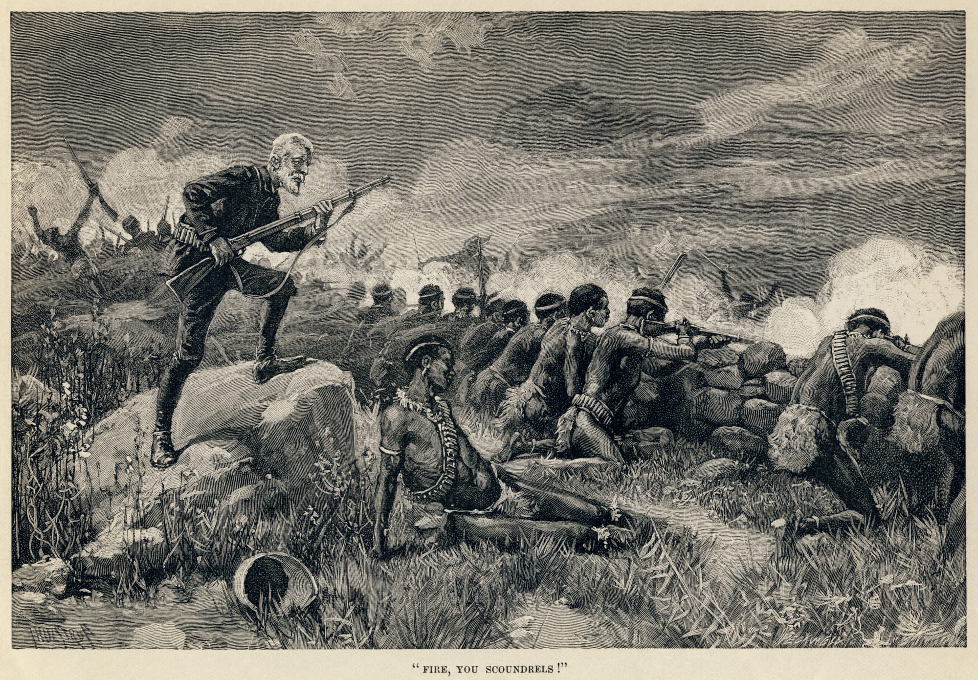 Illustration from H. Rider Haggard's Maiwa's Revenge, Chapter VII, by Thure de Thulstrup.
The scene shows Allan Quatermain ordering the men to fire, after getting them to wait until the most opportune moment:
“
"Now they are going to begin," I thought to myself, and I was not far wrong, for in another minute the body of men divided into three companies, each about five hundred strong, and, heralded by a running fire, charged at us on three sides. Our men were now all well under cover, and the fire did us no harm. I mounted on a rock, so as to command a view of as much of the koppie and plain as possible, and yelled to our men to reserve their fire till I gave the word, and then to shoot low, and load as quickly as possible. I knew that, like all natives, they were sure to be execrable shots, and that they were armed with weapons made out of old gas-pipes, so the only chance of doing execution was to let the enemy get right on to us.
On they came with a rush. They were within eighty yards now, and as they drew near the point of attack, I observed that they closed their ranks, which was so much the better for us.
"Shall we not fire, my father?" sung out the captain.
"No—confound you!" I answered.
"Sixty yards — fifty — forty — thirty. Fire, you scoundrels!" I yelled, setting the example by letting off both barrels of my elephant gun into the thickest part of the company opposite to me.
”