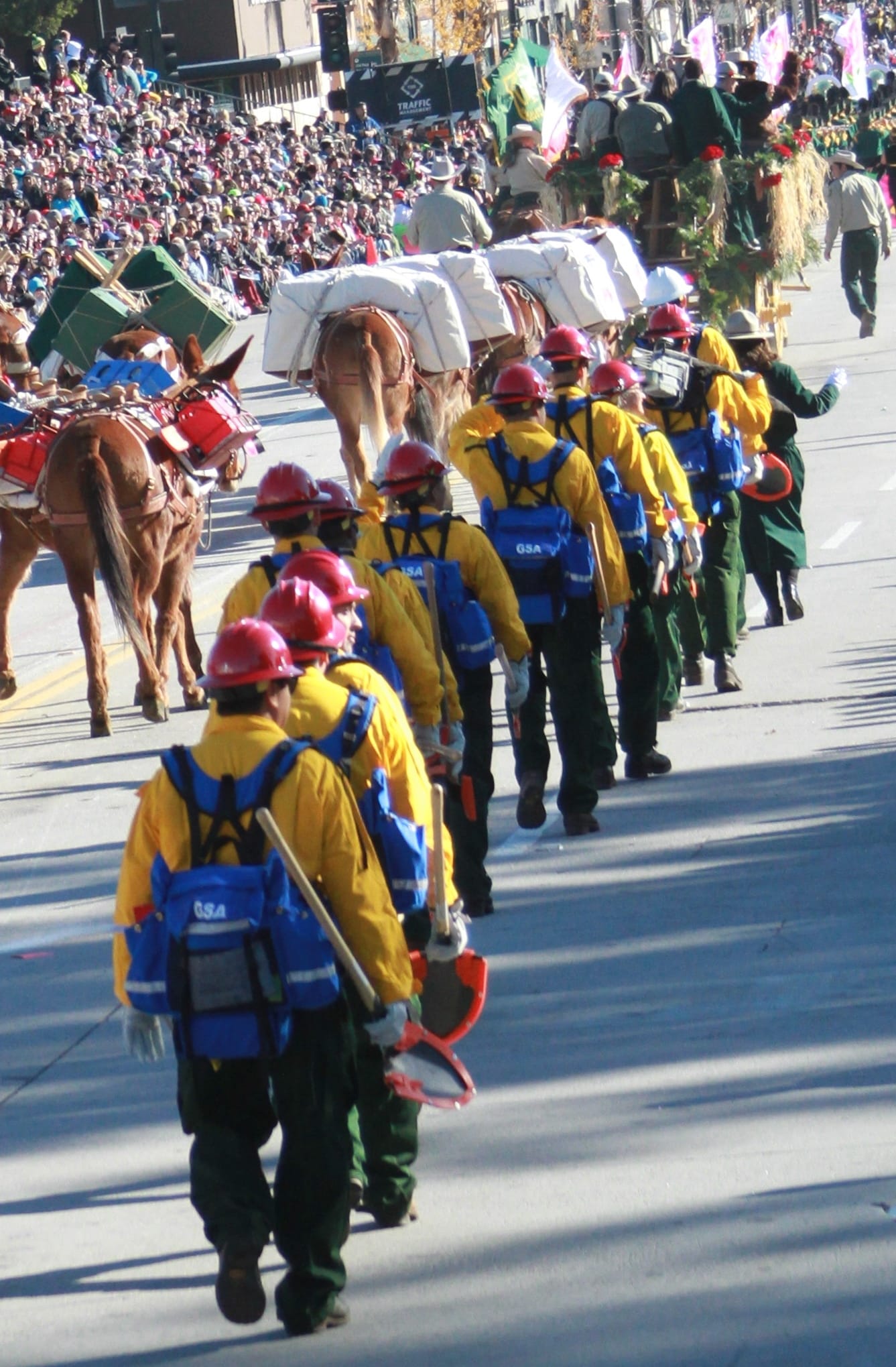 A crew of U.S. Forest Service wildland firefighters led by Pacific Southwest Region Fire Director Shawna Legarza, a former hotshot, makes their way down Colorado Boulevard during the Rose Parade in Pasadena, Calif. on January 1, 2015.