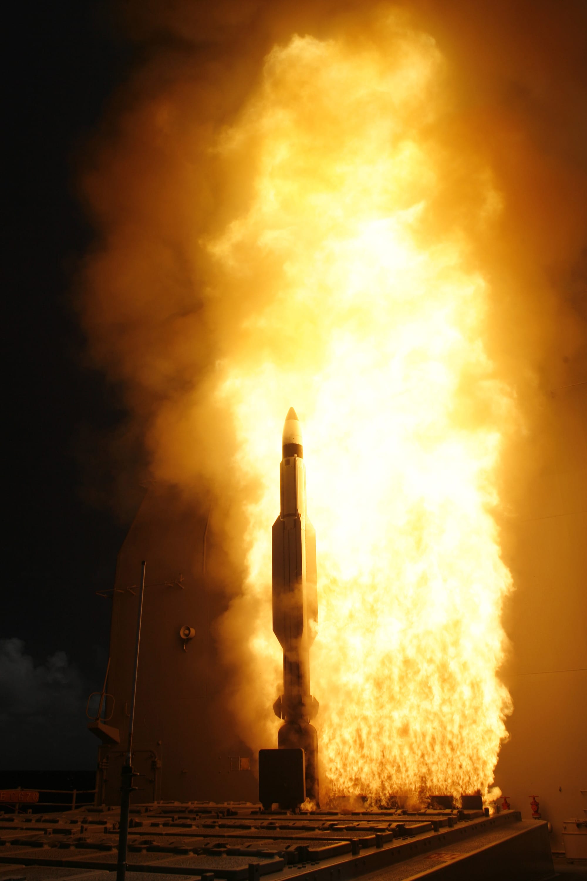 A standard missile 3 is launched from USS Lake Erie (CG 70) April 26, 2007, during a joint Missile Defense Agency/U.S. Navy ballistic missile flight test over the Pacific Ocean. The test was designed to show the capability of the ship and its crew to conduct ballistic missile defense and at the same time defend itself. This test also marks the 27th successful hit-to-kill intercept in tests since 2001.
