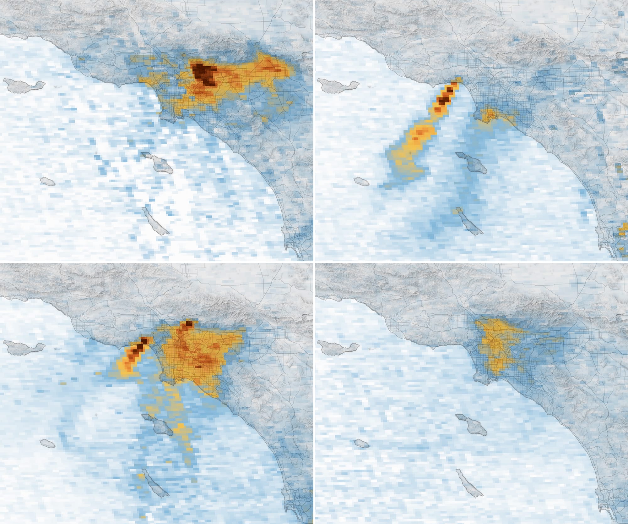 As people in Los Angeles went through the day on January 6, 2025, NASA’s TEMPO (Tropospheric Emissions: Monitoring of Pollution) sensor performed hourly east-to-west scans of North America. From its geostationary orbit 22,000 miles (35,000 kilometers) away, the pollution-measuring satellite observed the city's normal daily signature—a plume of nitrogen dioxide (NO2) emerging during the morning commute and lingering over the city for the rest of the day.
“On the day before the fire, NO2 built up hour by hour, and, like clockwork, drifted east in afternoon sea breezes, as we’ve observed it most days,” said Laura Judd, an atmospheric scientist at NASA’s Langley Research Center. Motor vehicles are major sources of the gas in Los Angeles, though other main sources include power plants, port facilities, and industrial sites.
Air quality experts consider the reddish-brown gas, primarily a byproduct of fossil fuel combustion, to be hazardous to human health. It also contributes to the formation of ground-level ozone and particulate matter, also health hazards. The image above (upper left) shows NO2 over the city at 1:50 p.m. Pacific Time on January 6. It is one of nine images of the Los Angeles area captured by TEMPO over the course of the day and dozens more in the days that followed, some of which are shown above.
January 7 brought an ominous change in the weather. Strong Santa Ana winds streamed from the northeast, pushing the normal emissions that formed over the city that morning farther over the Pacific Ocean. As the morning progressed, a small source of NO2 sprung up west of downtown Los Angeles over the Pacific Palisades neighborhood. By the afternoon (upper right), winds had pushed the gas to the southwest, creating two distinct parallel plumes.
The source of the more westerly plume was the Palisades fire, now the fourth most destructive fire on record in California. By the afternoon of January 9 (lower left), another large wildland fire, the Eaton fire, raged near Pasadena, northeast of Los Angeles. The westward blowing winds caused NO2 to stream over the heart of the city on its way out to sea.
TEMPO detected particularly strong NO2 plumes as the fires raged between January 8 and 11. By January 12 (lower right), firefighters had made enough progress that the NO2 signal from the fires waned and urban pollutants began to dominate emissions again. As of January 16, Cal Fire reported the Palisades fire was 27 percent contained, and the Eaton fire was 55 percent contained.
“This is a map of NO2, but we know it was accompanied by a variety of other trace gases and airborne particulates also found within wildland fire smoke plumes,” said Aaron Naeger, an atmospheric scientist with the Short-term Prediction Research and Transition Center at NASA’s Marshall Space Flight Center. Among them: elevated levels of carbon monoxide, formaldehyde, and fine particulate matter (PM2.5).
The Environmental Protection Agency’s AirNow program and the South Coast Air Quality Management District provide localized, nose-level information about air quality collected from ground monitors while TEMPO collects complementary columnar NO2 data with broad spatial coverage from its vantage point in orbit.
Researchers are currently working on feeding TEMPO data into national and state air quality monitoring and forecasting systems, but TEMPO observations of NO2 and formaldehyde are already being ingested into data browsing platforms from NASA Worldview, SPoRT, and the Harvard-Smithsonian Center for Astrophysics and used by researchers and others.
People in the vicinity of an NO2 plume mapped by TEMPO can enter their zip code into AirNow and get more details about local air quality conditions, said Naeger. During the height of the burning, AirNow data indicated that several neighborhoods in Los Angeles faced unhealthy air.

NASA Earth Observatory image by Michala Garrison, using TEMPO data from NASA Earthdata. Story by Adam Voiland.