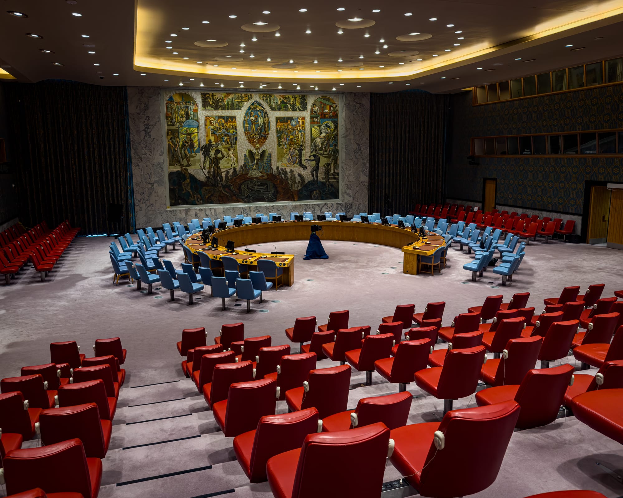 Looking at the empty Security Council chamber of the United Nations at their Headquarters in New York