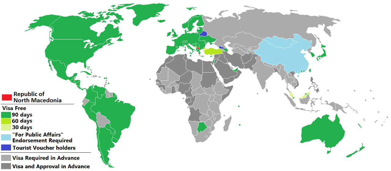 Visa policy of the Republic of North Macedonia&nbsp; Republic of North Macedonia&nbsp; Visa-free access up to 90 days&nbsp; Visa-free access up to 60 days&nbsp; Visa-free access up to 30 days&nbsp; Visa-free access provided holding a tourist voucher&nbsp; Visa-free access with passports endorsed "business" or "for public affairs"&nbsp; Visa required&nbsp; Visa and approval from the Ministry of Interior required