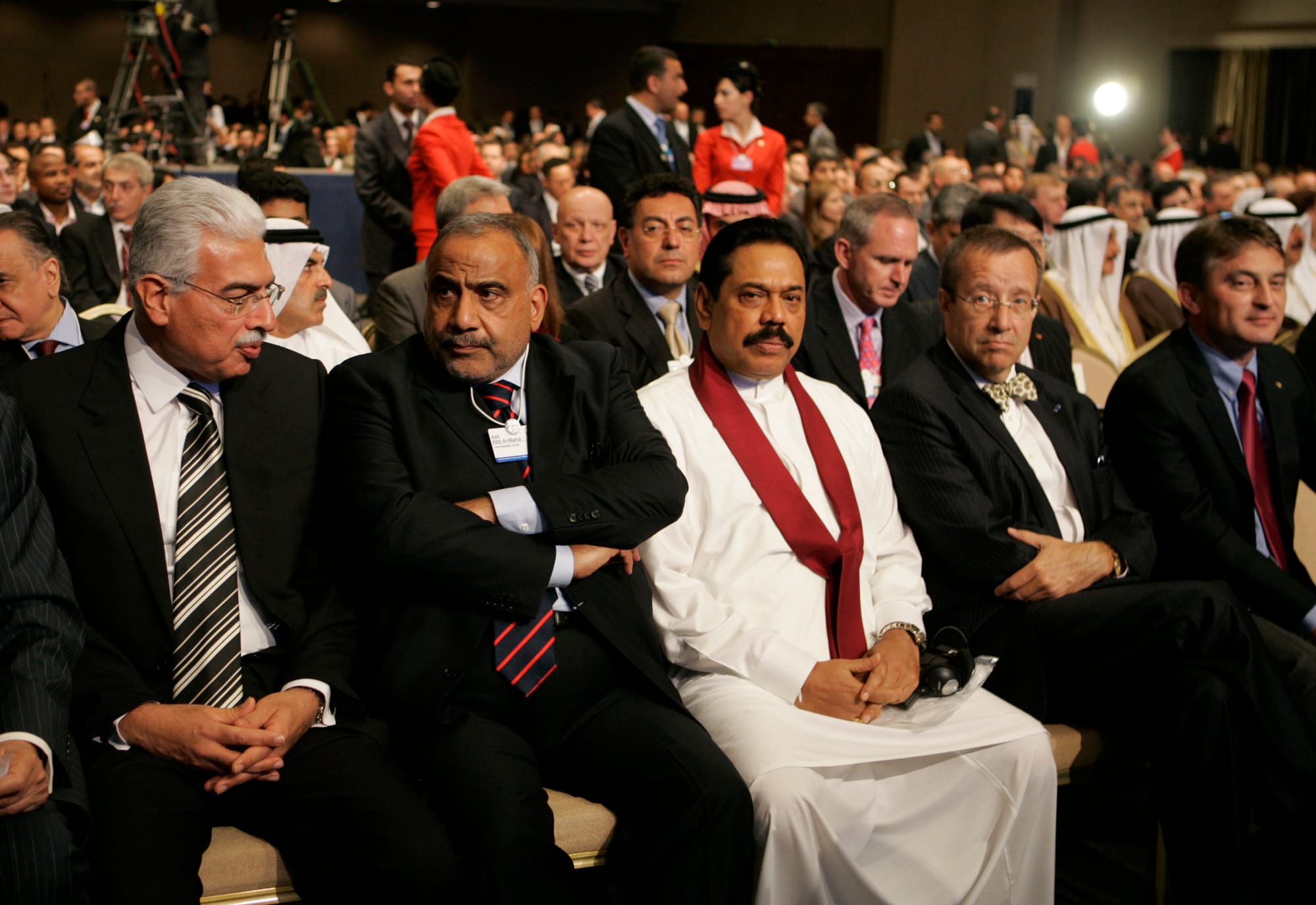 Polticial dignitaries attending the World Economic Forum on the Middle East; Dead Sea, Jordan. Front row, from left to right: Ahmed Mahmoud Nazif, Prime Minister of Egypt; Adil Abdul-Mahdi, Vice-President of Iraq; Mahinda Rajapaksa, president of Sri Lanka, Toomas-Hendrik Ilves, president of Estonia.
Copyright World Economic Forum/ Photo by Nader Daoud.
