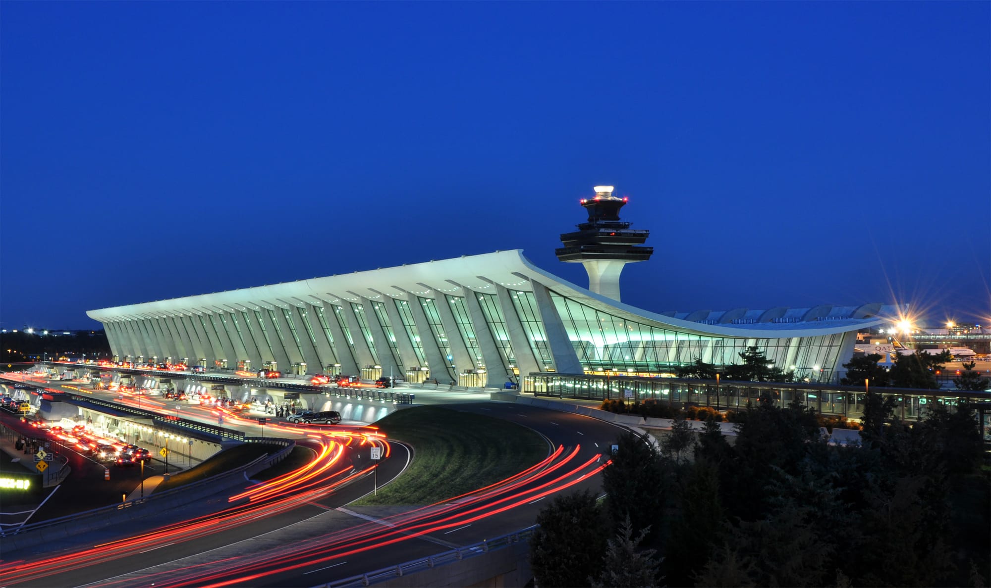 Main Terminal of Washington Dulles International Airport at dusk in Virginia, USA.