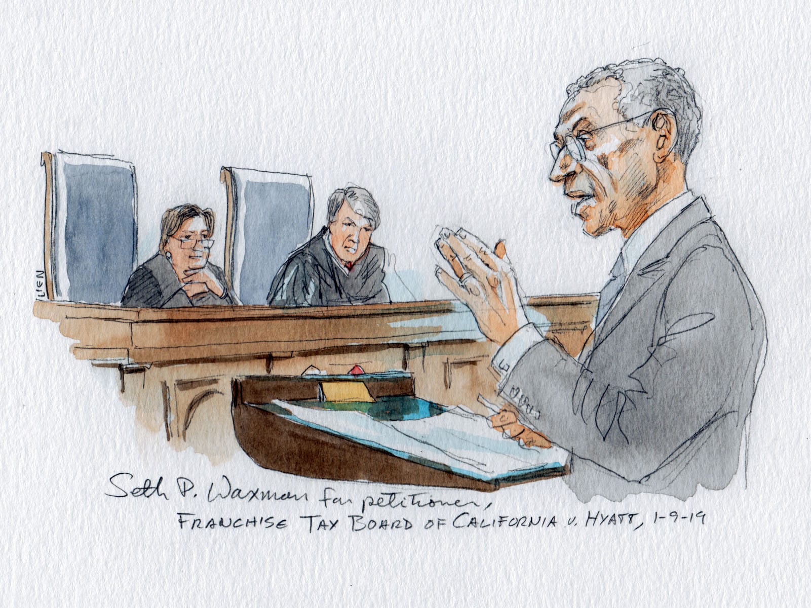Seth P. Waxman presents oral arguments before the US Supreme Court in the case Franchise Tax Board of California v. Hyatt. He represents the petitioner, the Franchise Tax Board of California. In the background, Justices Elena Kagan and  Brett Kavanaugh look on.