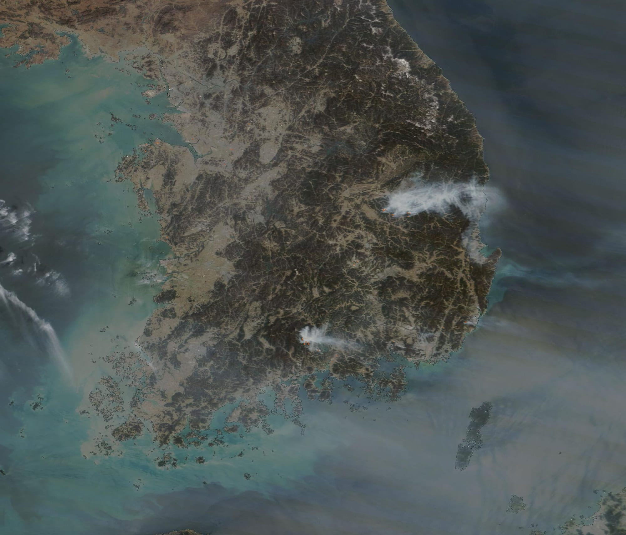 Dozens of wildland fires broke out as dry winds swept across South Korea in March 2025. Blazes began igniting on March 21, prompting evacuations as well as the deployment of thousands of personnel and more than 100 helicopters to combat the fires, according to news reports.
Smoke from some of the larger fires is visible in this true-color image, acquired by the Moderate Resolution Imaging Spectroradiometer (MODIS) on NASA’s Terra satellite on March 23. One of the plumes billowed from an area burning near Andong in Uiseong County. More than 1,000 people evacuated the area, several sections of highway and a rail line were forced to close, and an ancient temple was destroyed by the flames. Red “hot spots”, combined with typical gray smoke, mark actively burning fires.
To the south, another large smoke plume originated from rural Sancheong County. A large, fast-moving fire had burned over 500 hectares (2 square miles) by the evening of March 22, the Associated Press reported, and caused multiple injuries and deaths. Mountainous terrain and strong winds made containment efforts challenging. Officials issued strong wind advisories for several counties on March 21 and 22 and discouraged people from burning trash and agricultural products. Dry weather also contributed to the fire risk. March through May is the driest time of year in the region.

As of March 24, many of the fires had been extinguished, according to officials cited in news reports, and the large blazes in Uiseong and Sancheong counties were each about two-thirds contained. In total, the fires were reported to have burned at least 8,700 hectares (34 square miles). The government declared a state of disaster for several of the affected regions.
