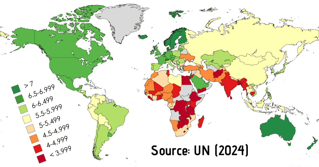 Worldwide levels of happiness as measured by the World Happiness Report (2024)