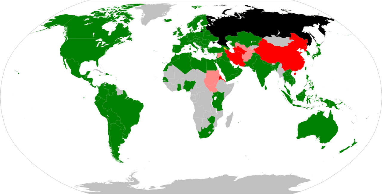Availability of YouTube: 🟩 Local version accessible, ⬜ Worldwide version accessible, 🟥 (light) previously blocked but now accessible via the worldwide version, 🟥 (dark) blocked, ⬛ speed-streaming limited (Russia), 🟨 YPP support rolling out soon.