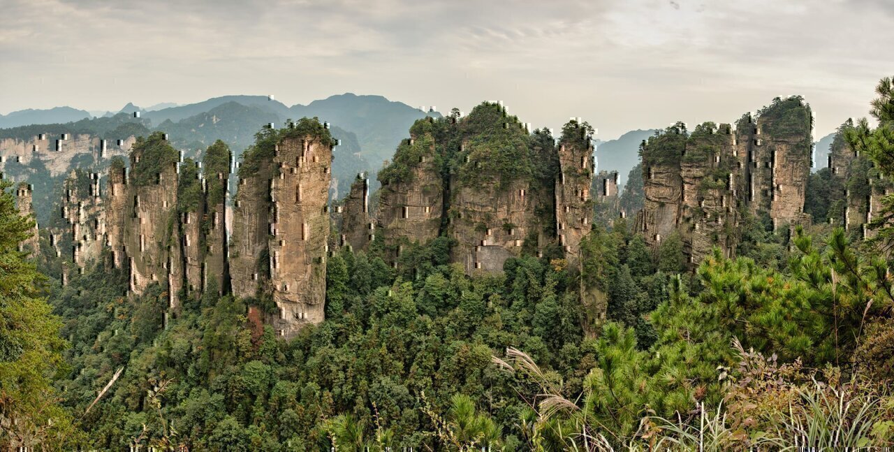 Five fingers peak. Quartzite sandstone Huangshizhai Zhangjiajie Wulingyuan Hunan, China. Panorama 2012.