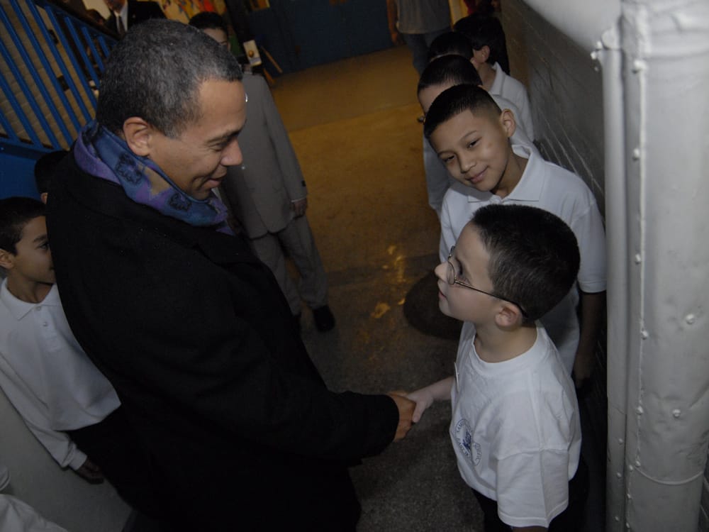 12.20.07 - Governor Visits Samuel Adams Elementary School
"On December 20th, 2007, Governor Patrick visited the Samuel Adams Elementary School in East Boston to support the PEACEZONE curriculum to maintain a vigilant approach in addressing public safety and public health.  During the visit the Governor was greeted by the Boys Leadership Team, a group of ten fourth grade boys who have committed to improving their MCAS performance.  Also on the visit to the Adams school were Secretary of Public Safety, Kevin Burke, Representative Carlo Basile, Senator Anthony Petrocelli, and City Counselor Sal Lamattina."

"Governor welcomed by the Boys Leadership Team"