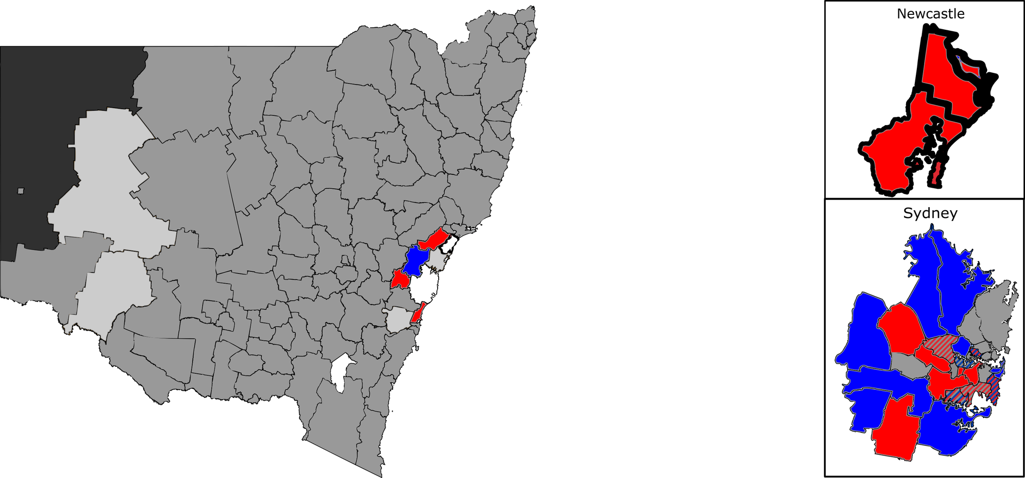 Local government areas of New South Wales by largest party after the 2021 New South Wales local elections. Insets are included for Sydney and Newcastle. I made this map using Inkscape. Please feel free to fix any errors (I'm still new to Inkscape).

English (en):  Legend



&nbsp; Independent
&nbsp; Labor
&nbsp; Liberal
&nbsp; No election
&nbsp; Unincorporated