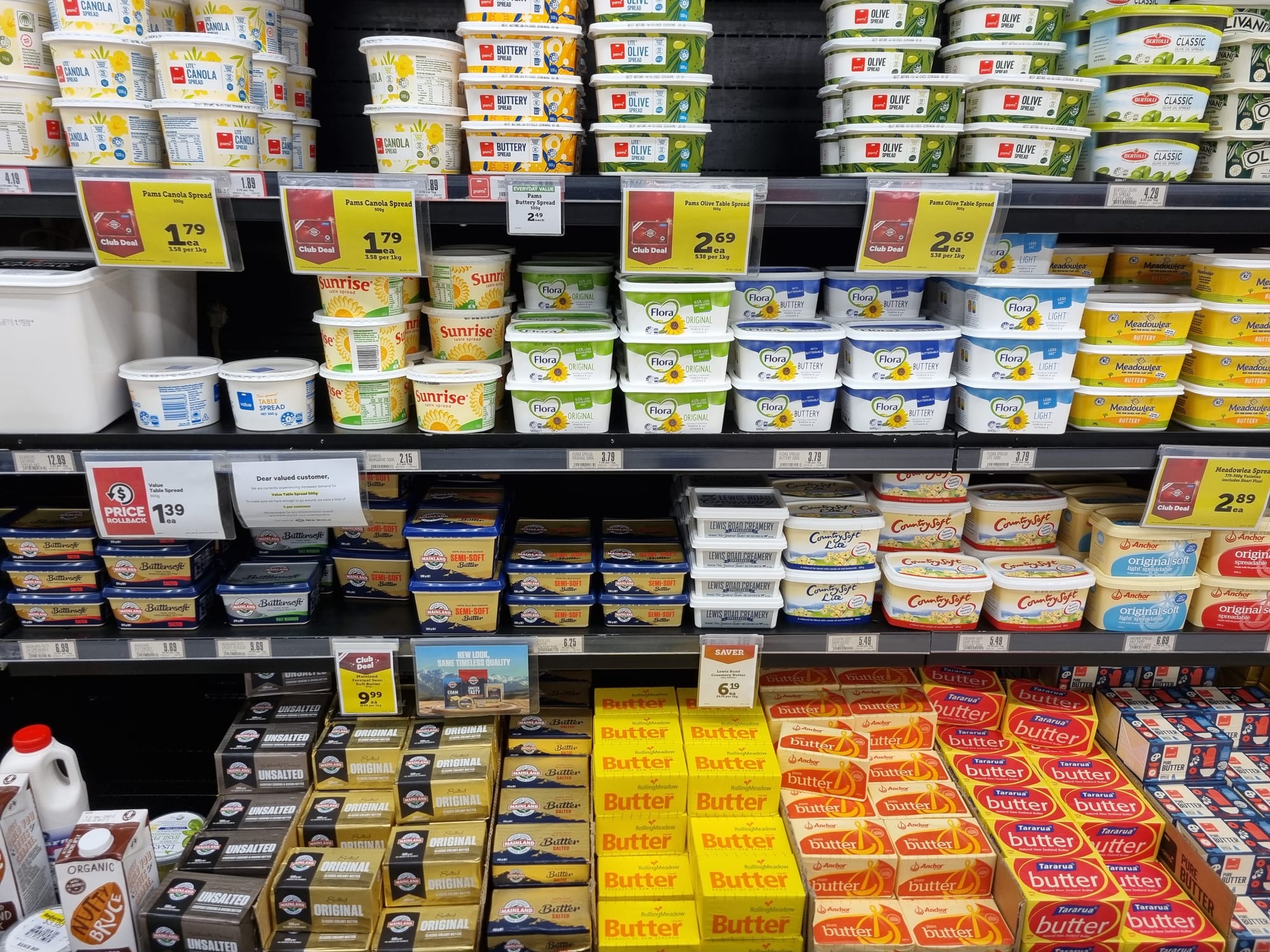 Butter and margarine for sale in New Zealand supermarket