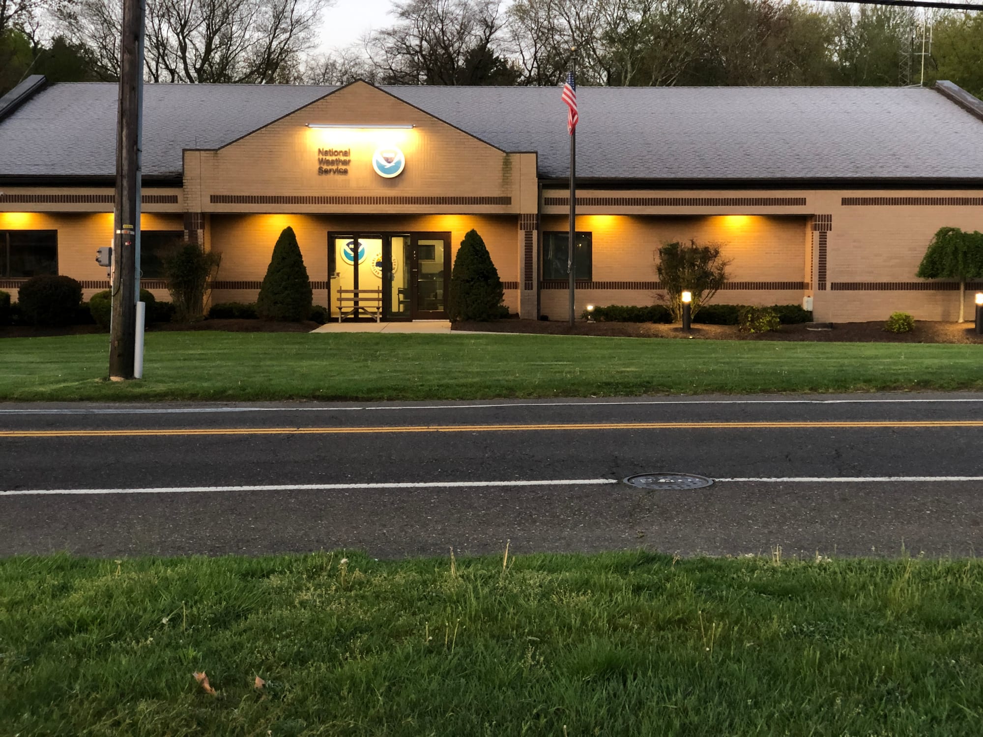 Frost on the roof of the National Weather Service's Philadelphia-Mount Holly Weather Forecast Office just before sunrise along Burlington County Route 630 (Woodlane Road) in Westampton Township, Burlington County, New Jersey