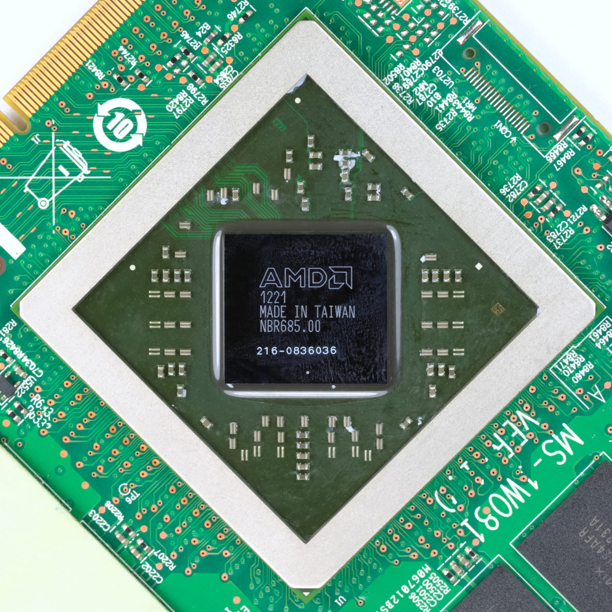 The top side of an AMD Radeon HD 7970M GPU for mobile applications (see also Radeon HD 7000 series)