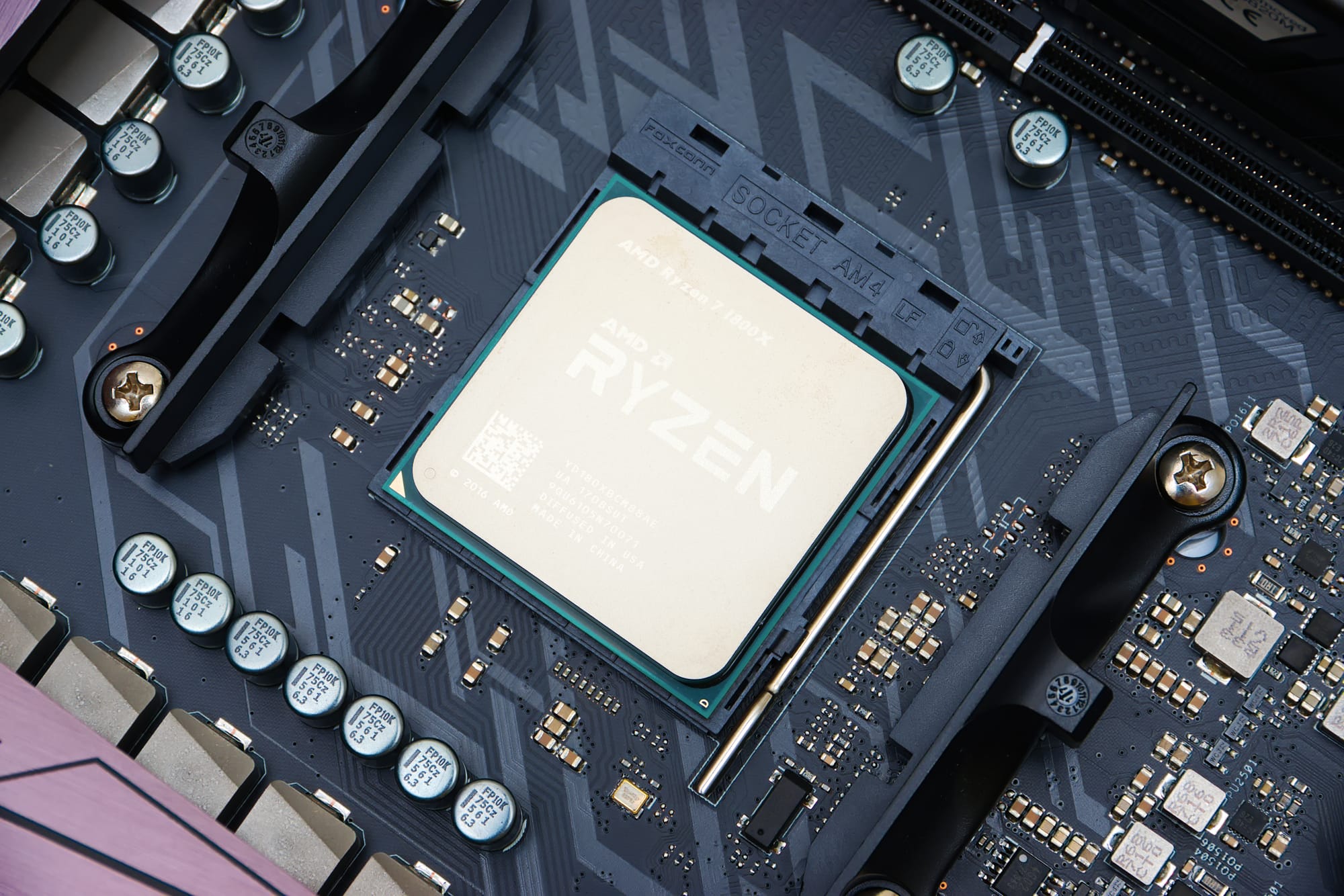 There's an AMD Ryzen 7 1800X eight-core processor in the socket.