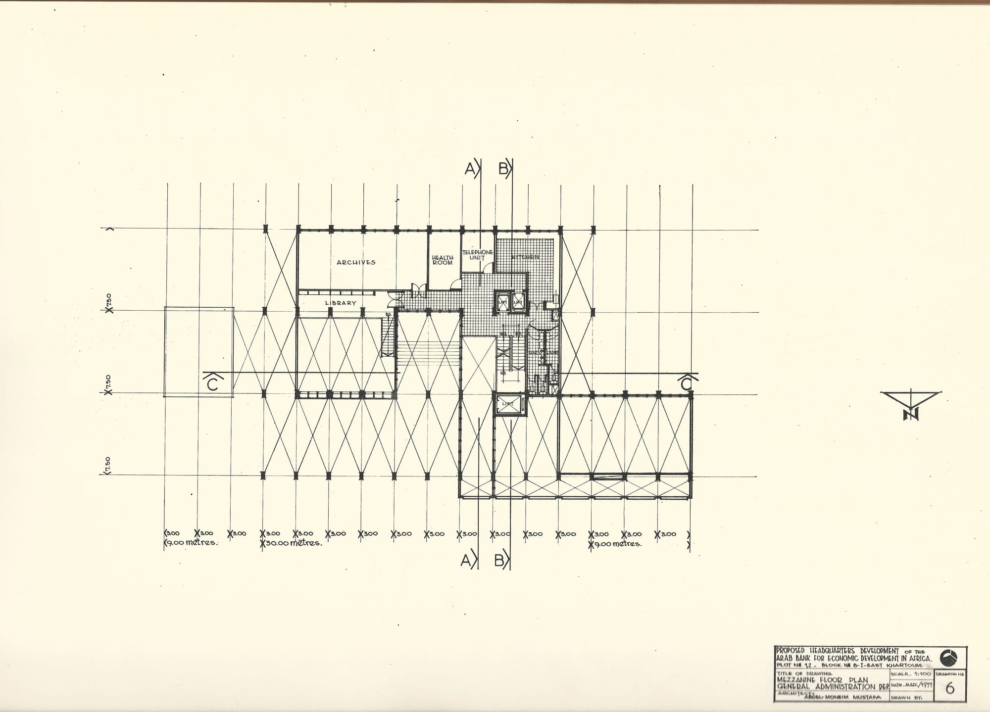 Mezzanine Floor Plan for Arab Bank for Economic Development (BADEA), Khartoum – Block no. 8-I-East, Sudan designed by Abdel-Moneim Mustafa,1977. Construction 1977 – 1980. The complex includes offices, library, meeting rooms and conference centre as well as a separate staff recreation building.