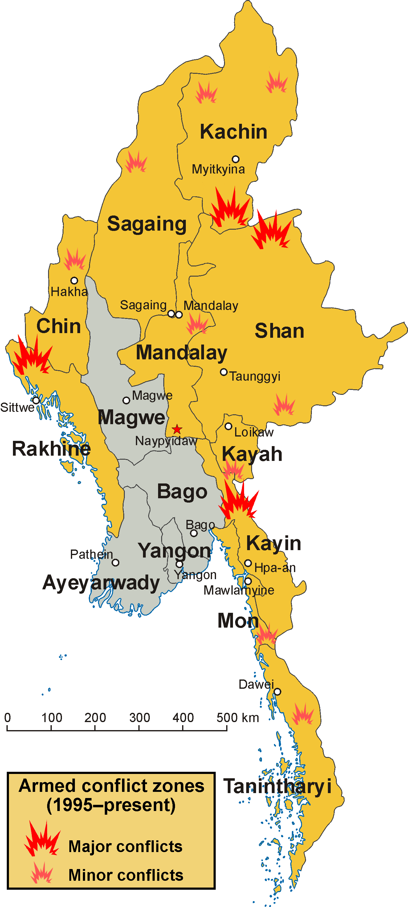 Map of armed conflict zones in Myanmar (Burma). States and regions affected by fighting during and after 1995 are highlighted in yellow.