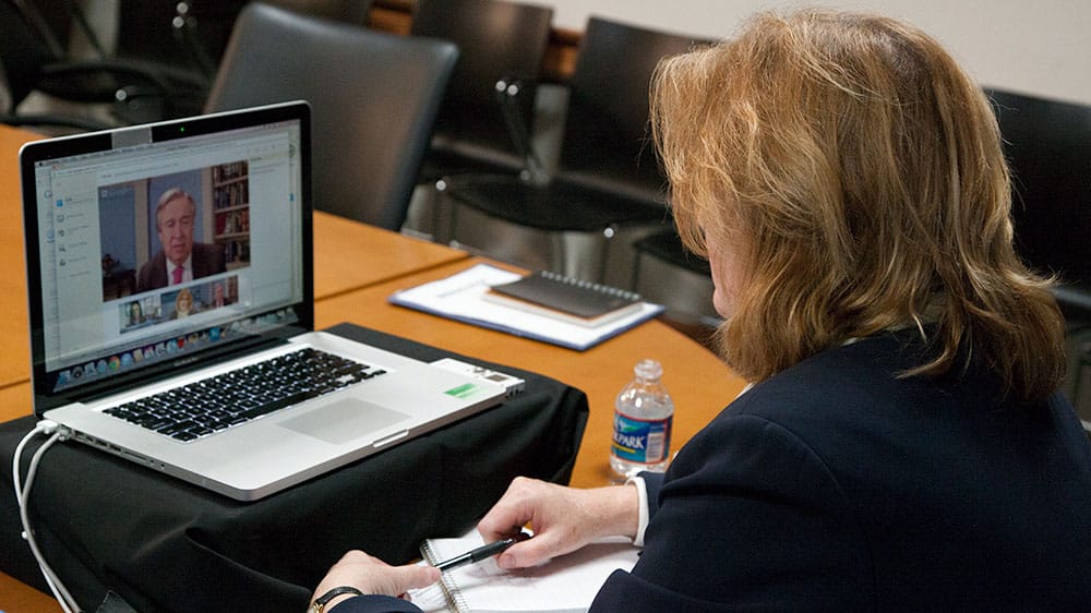 Anne Richard, U.S. Assistant Secretary of State for Population, Refugees, and Migration, participates in a Google+ Hangout with Antonio Guterres, UN High Commissioner for Refugees, and Lara Setrakian, Founder of Syria Deeply, on assistance to Syria on March 19, 2013. [State Department photo/ Public Domain]