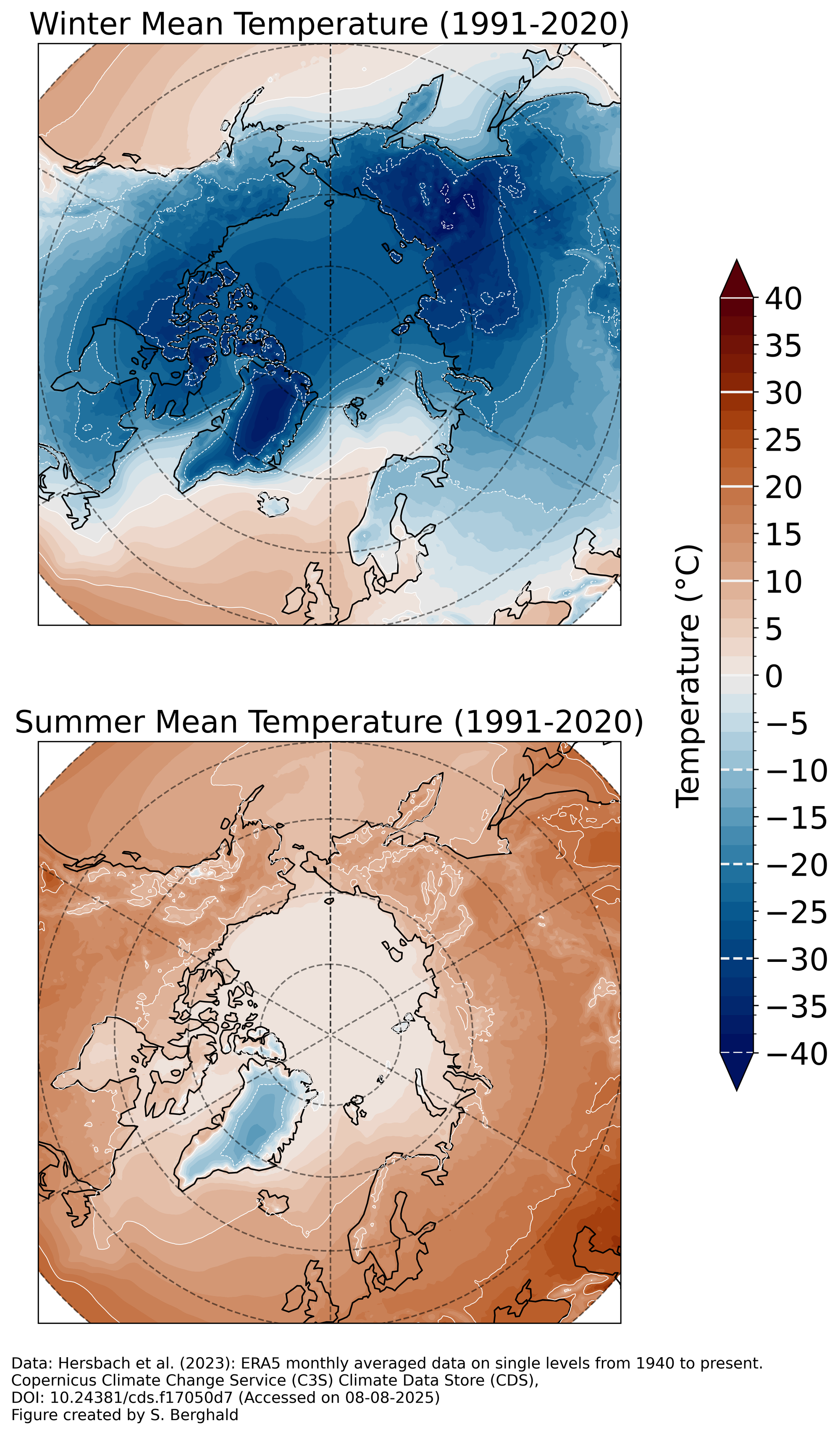 This figure shows the 30-year (1991-2020) average surface temperature (2m) for summer (DJF) and winter (JJA) in Antarctica based in ERA5 reanalysis data.
