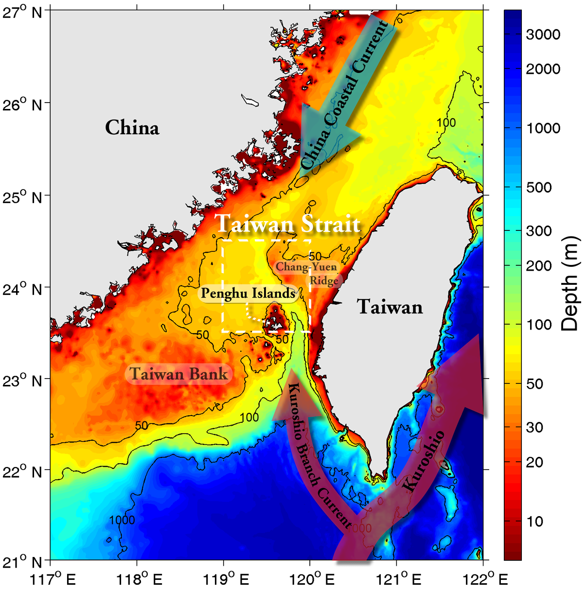 Figure 1. Bathymetric chart (shaded color) and sketches of the China Coastal Current, Kuroshio, and Kuroshio Branch Current.