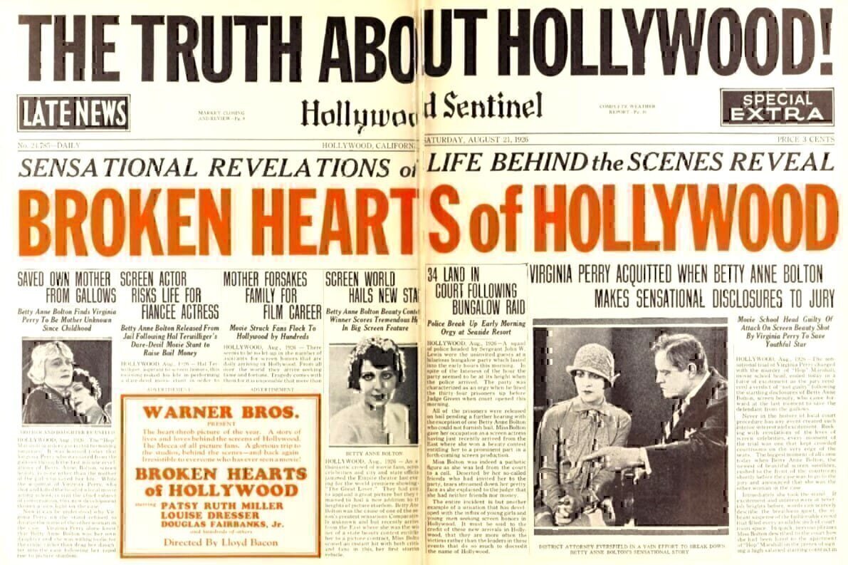 Advertisement for the American comedy drama film Broken Hearts of Hollywood (1926) with Patsy Ruth Miller, Louise Dresser, and Anders Randolf, from the front advertising section of the August 28, 1926 Motion Picture News.