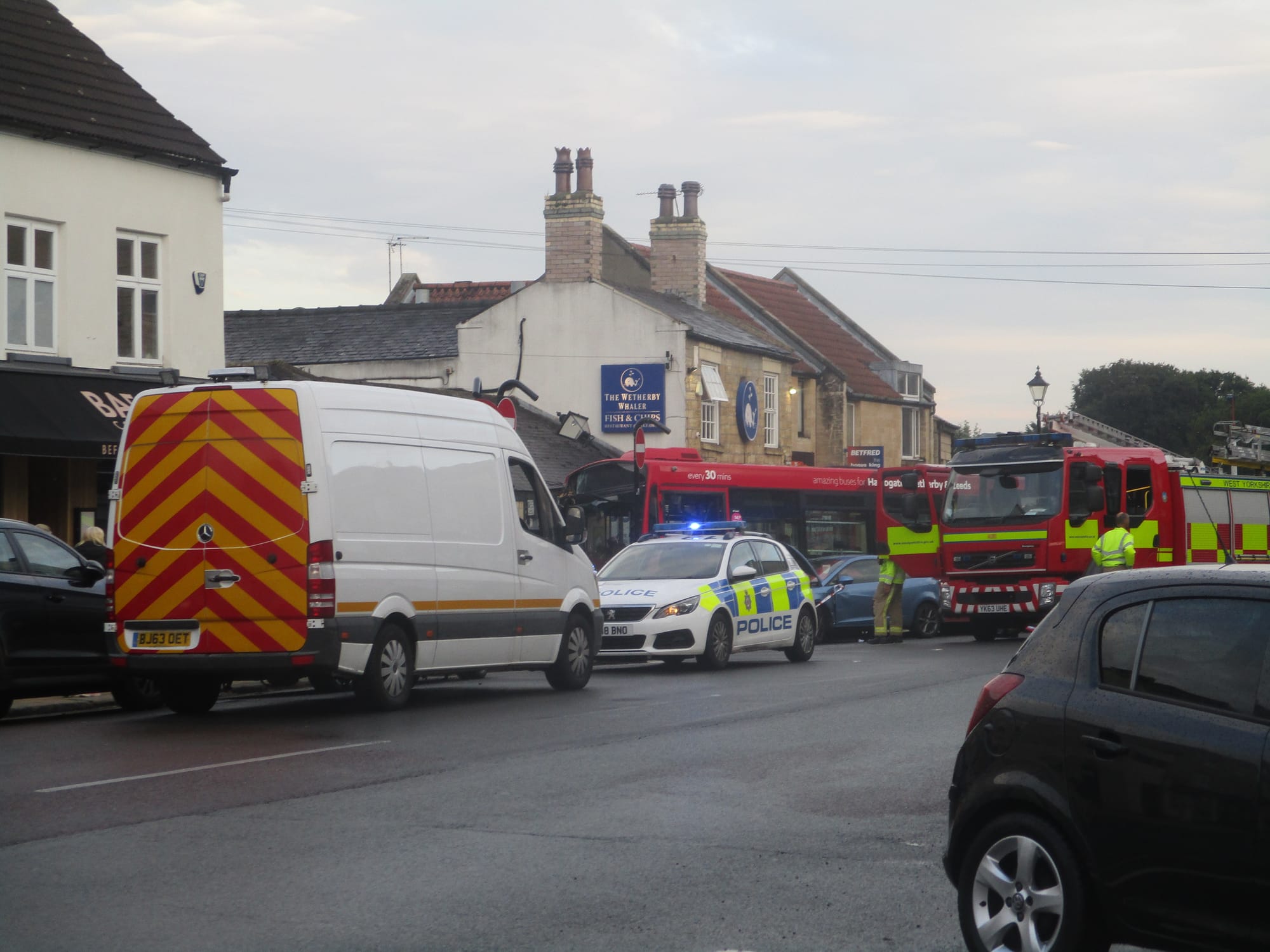 Bus crash, Market Place, Wetherby, West Yorkshire.  Taken on the evening of Tuesday the 27th July 2021.