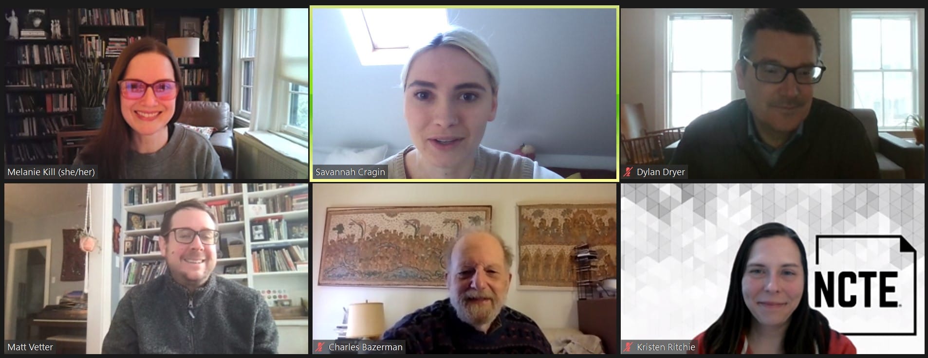 This photo is a screenshot of a Zoom meeting with a few members of the CCCC Wikipedia Initiative Committee. Pictured from left to right are Dr. Melanie Kill (CCCCWI Chair), Savannah Cragin (CCCC Wikimedian-in-residence), Dr. Dyaln Dryer, Dr. Matthew Vetter, Dr. Charles Bazerman, and Kristen Ritchie (NCTE Director of Affiliate Groups).