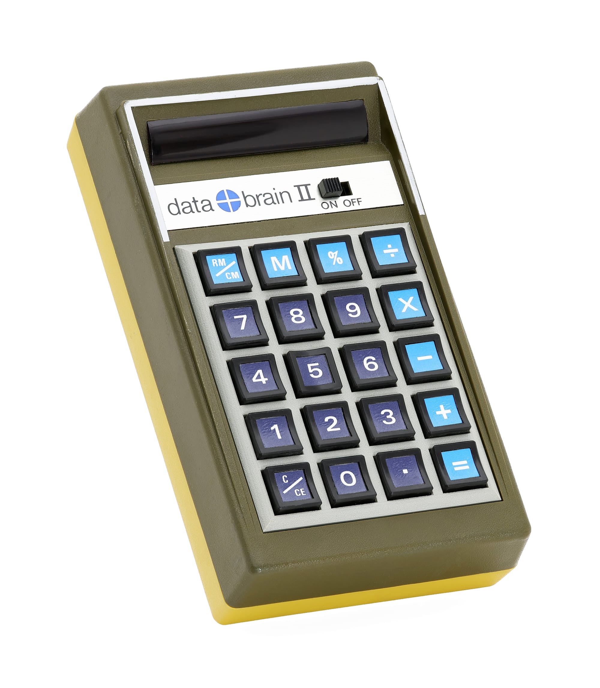 Calfax Data Brain II handheld electronic calculator
The Calfax Data Brain II is an arithmetic calculator with 7 digits precision and algebraic logic.
It has 5 functions, 20 keys, and an LED display.
The power source is PP3 9V.
Manufactured in Hong Kong by American Import Merchants corporation - Calfax division, 1970s.