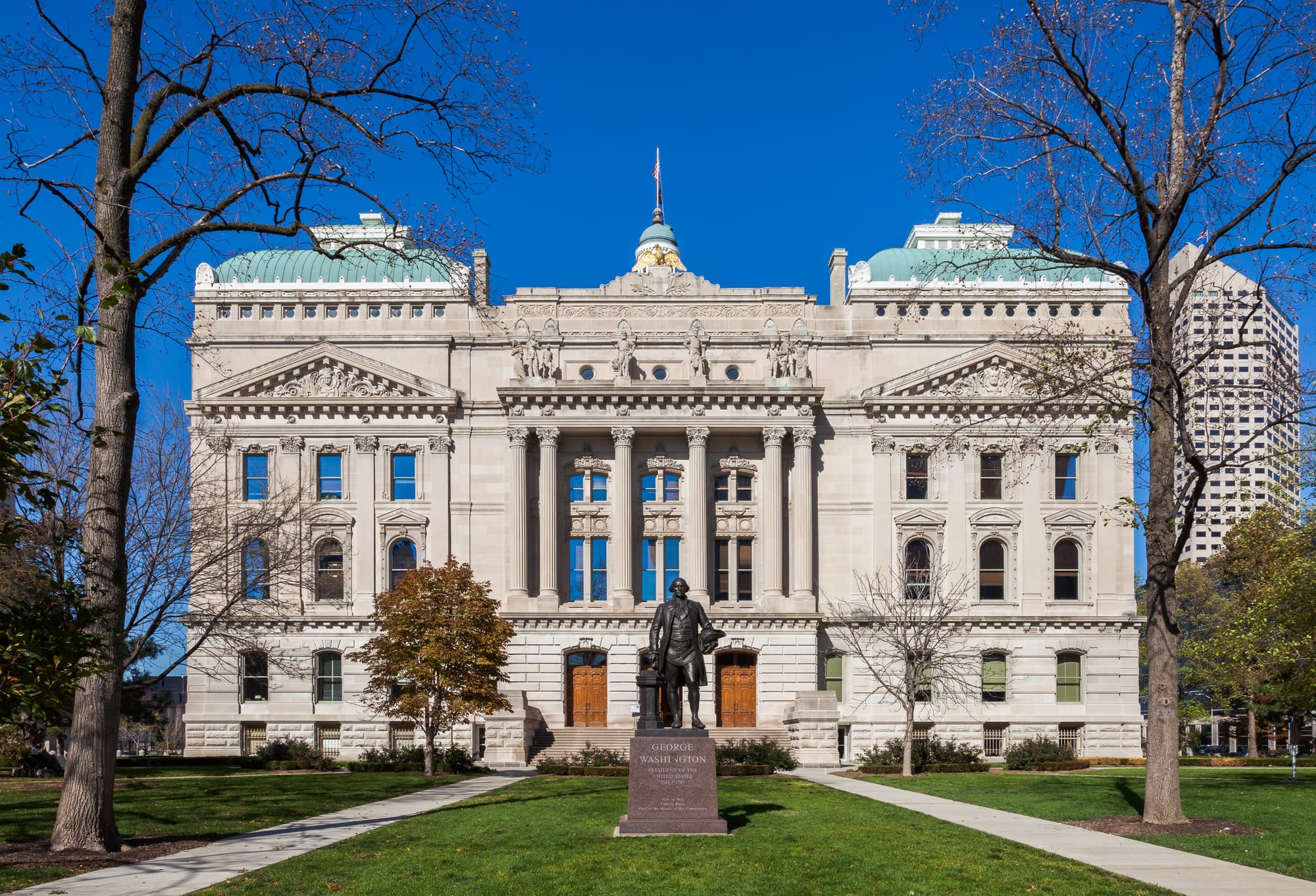 View of the South end of the Indiana Statehouse, the state capitol building of the U.S. state of Indiana. The building, built in 1888, houses the Indiana General Assembly, the office of the Governor of Indiana, the Supreme Court of Indiana, and other state officials. The building it is located in Indianapolis, the state capital.