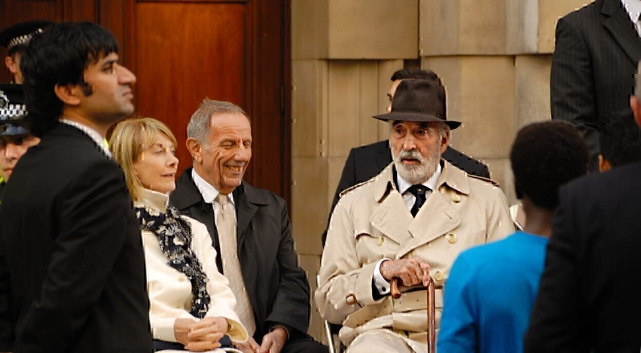 Christopher Lee filming in Westminster for a film called 'The Heavy'