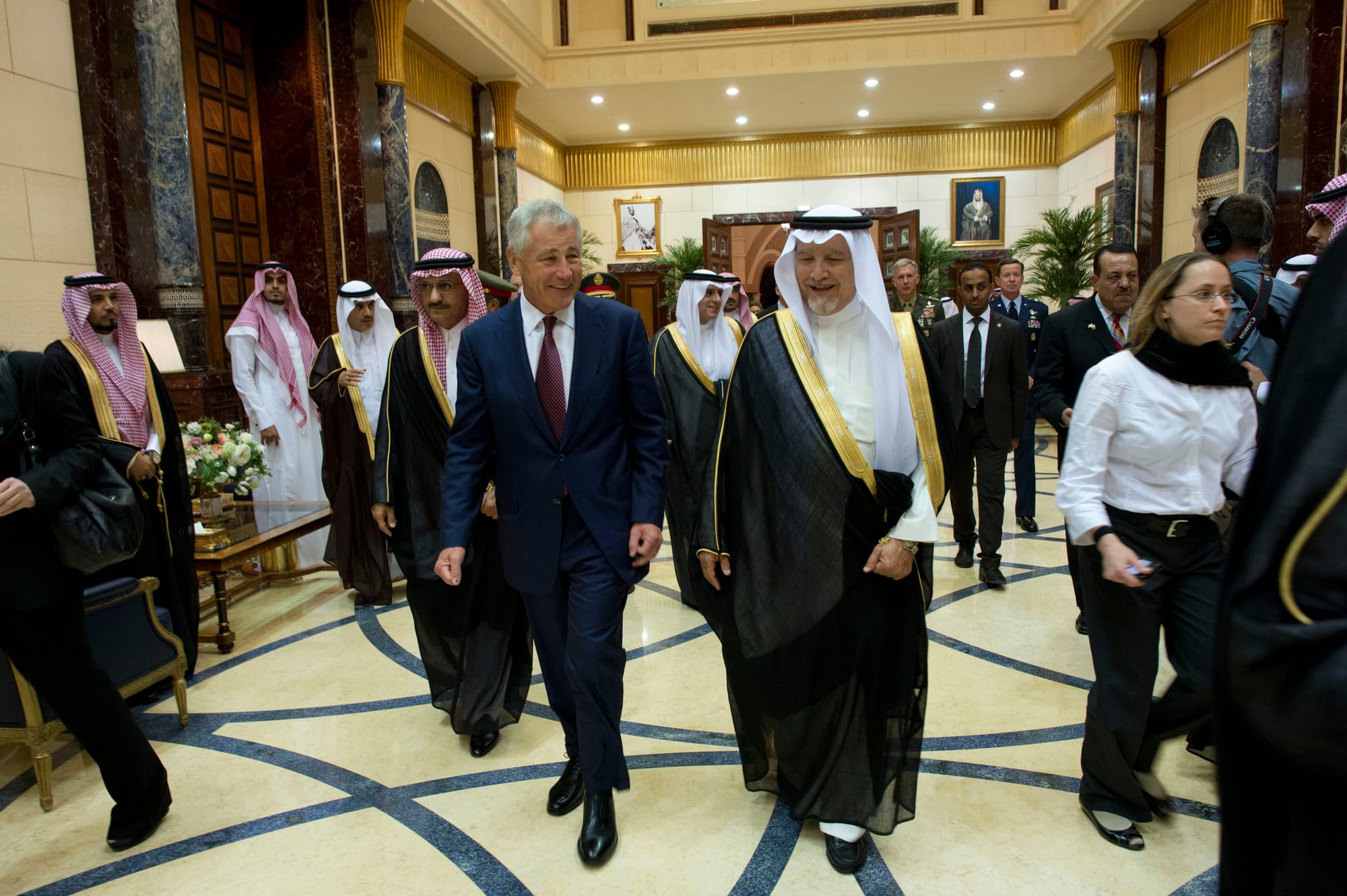 Secretary of Defense Chuck Hagel meets with Crown Prince and Minister of Defense Salman bin Abdulaziz al Saud in Riyadh, Saudi Arabia, April 23, 2013. The Kingdom of Saudi Arabia is Hagel's third stop on a six day trip to the middle east to meet with defense counterparts.(Photo by Erin A. Kirk-Cuomo)