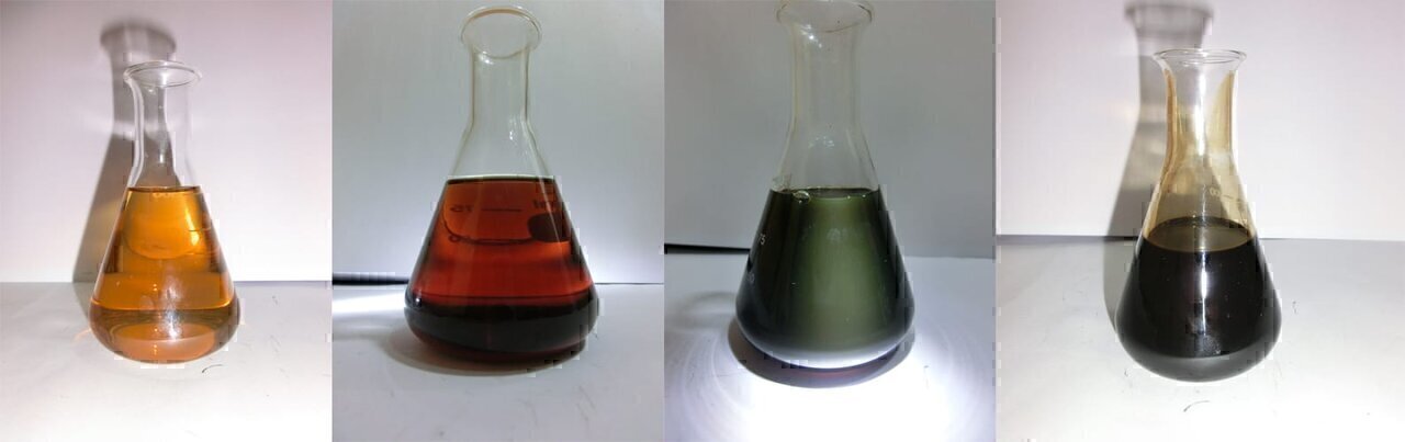 The colour of crude oils can differ between colourless or pale yellow to red, green, or, most common, dark brown to black.
From left to right: Light to medium crude oils from the Caucasus forelands, the Middle East, Arabia and France.