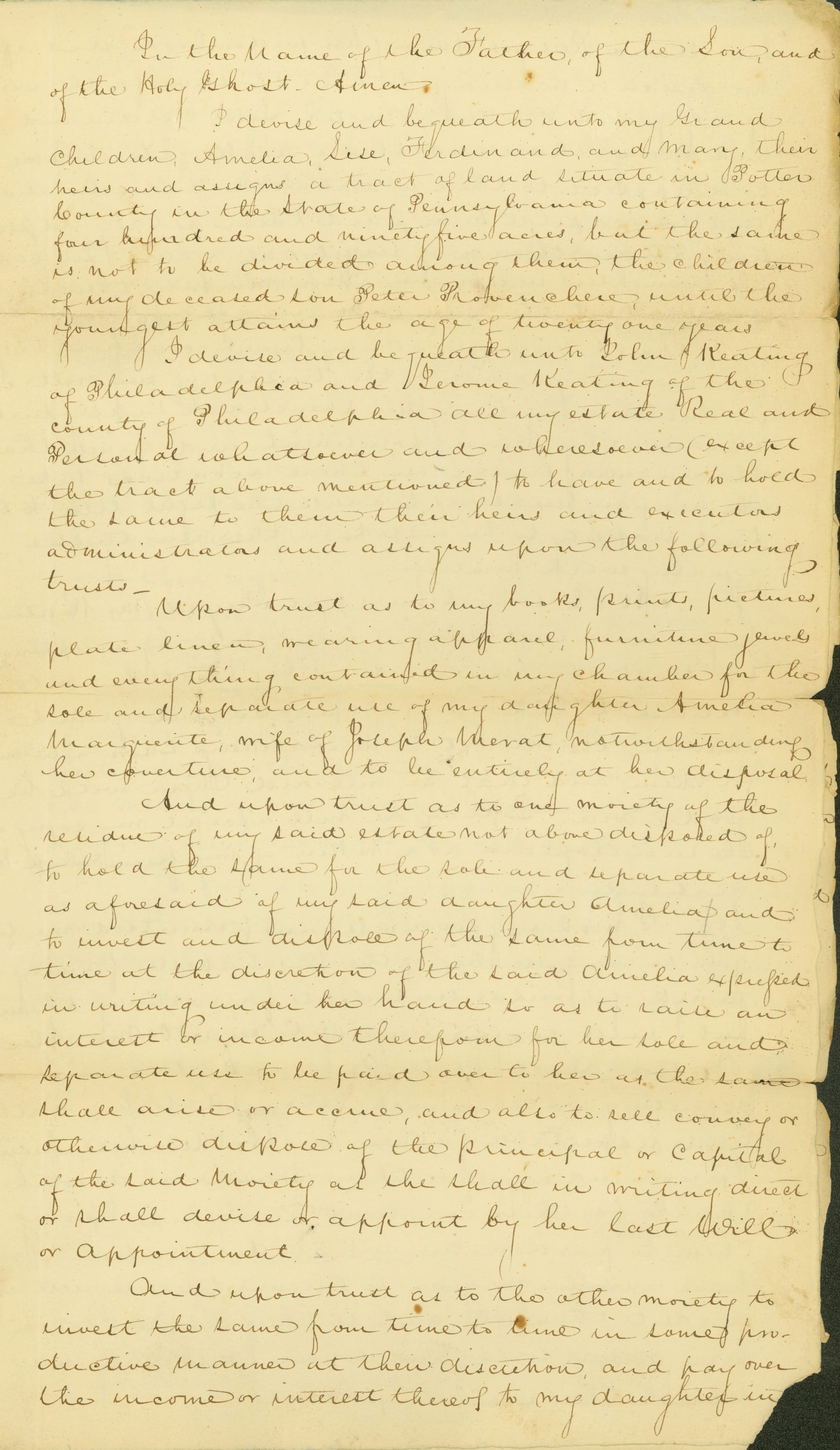 Leaves land, property, and belongings to various family members and friends. Witnesses were Thomas K. Trepe, John Johnson, and William H Keating.