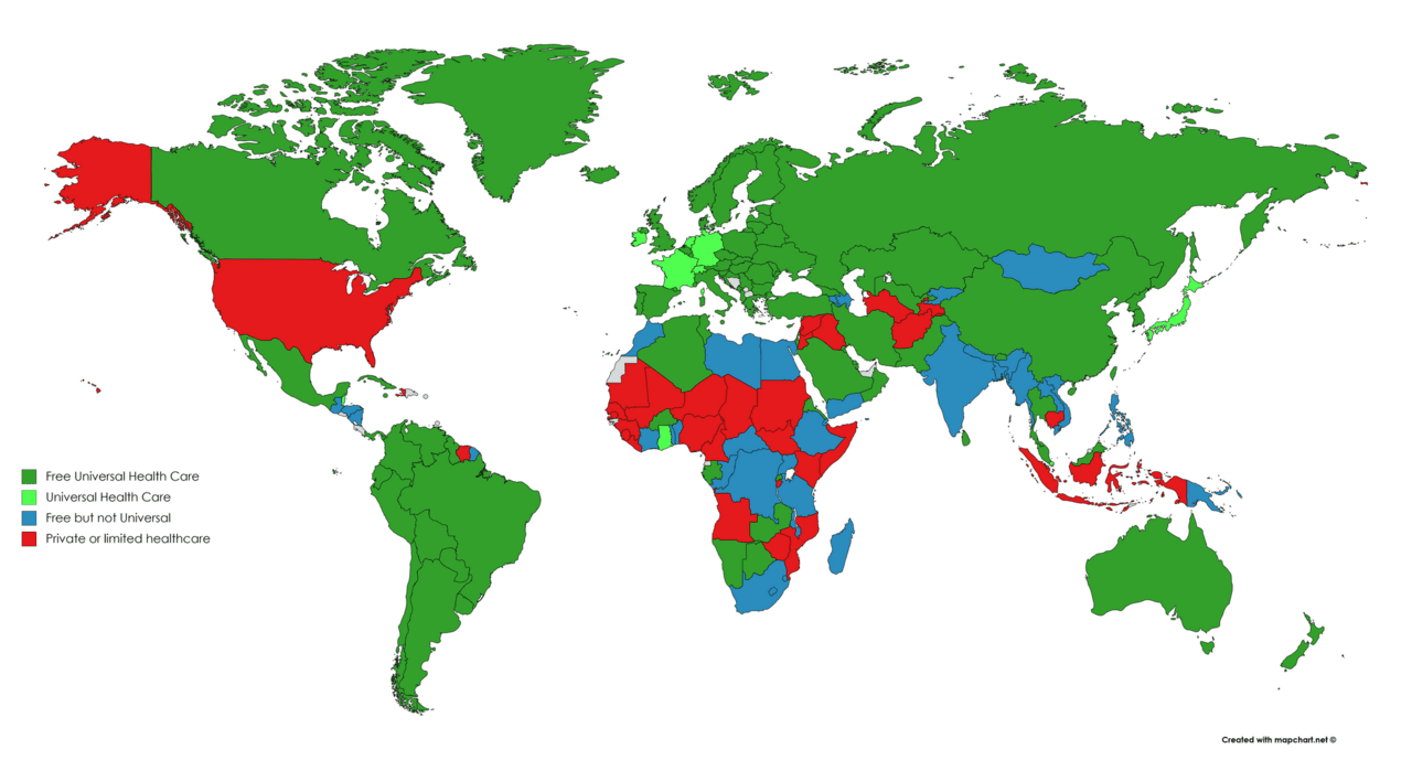 Braun Stereographic projection map of world countries with color coding as follows.
Dark green = free & universal healthcare, light green = universal healthcare, blue = free but not universal, red = non-free non-universal.