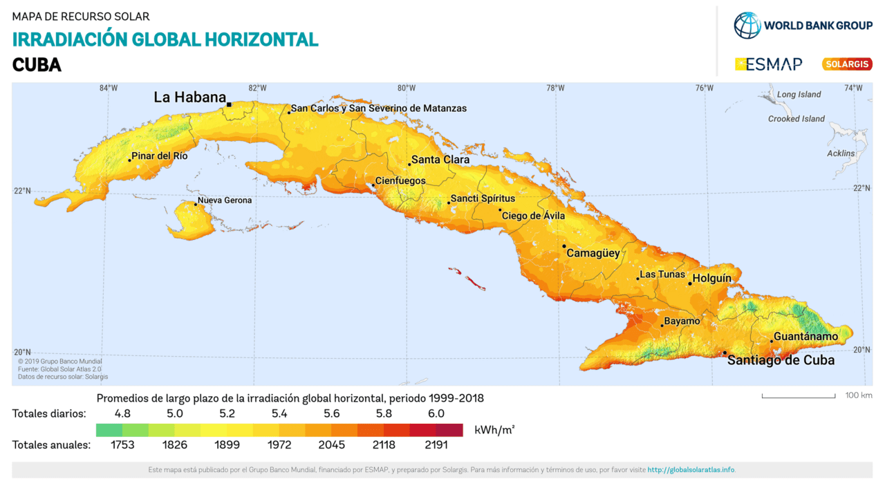 Solar resource: GLOBAL HORIZONTAL IRRADIATION (GHI) - this map provides a summary of the estimated solar energy available for power generation and other energy applications. It represents the long-term average of daily/yearly totals of global horizontal irradiation (GHI). The underlying solar resource database is calculated by the Solargis model from atmospheric and satellite data with 15- or 30-minute time step. The effects of terrain are considered at nominal spatial resolution of 250 m. GHI is the most important parameter for energy yield calculation and performance assessment of flat-plate photovoltaic (PV) technologies. Further details available at: https://globalsolaratlas.info.