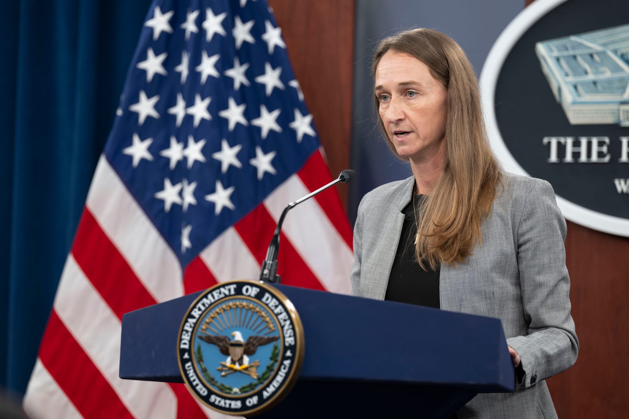 Deputy Assistant Secretary of Defense for Arctic and Global Resilience Iris Ferguson conducts a press briefing on the Department of Defense’s 2024 Arctic Strategy at the Pentagon, Washington, D.C., July 22, 2024. (DoD photo by U.S. Navy Petty Officer 1st Class Alexander Kubitza) Kubitza)