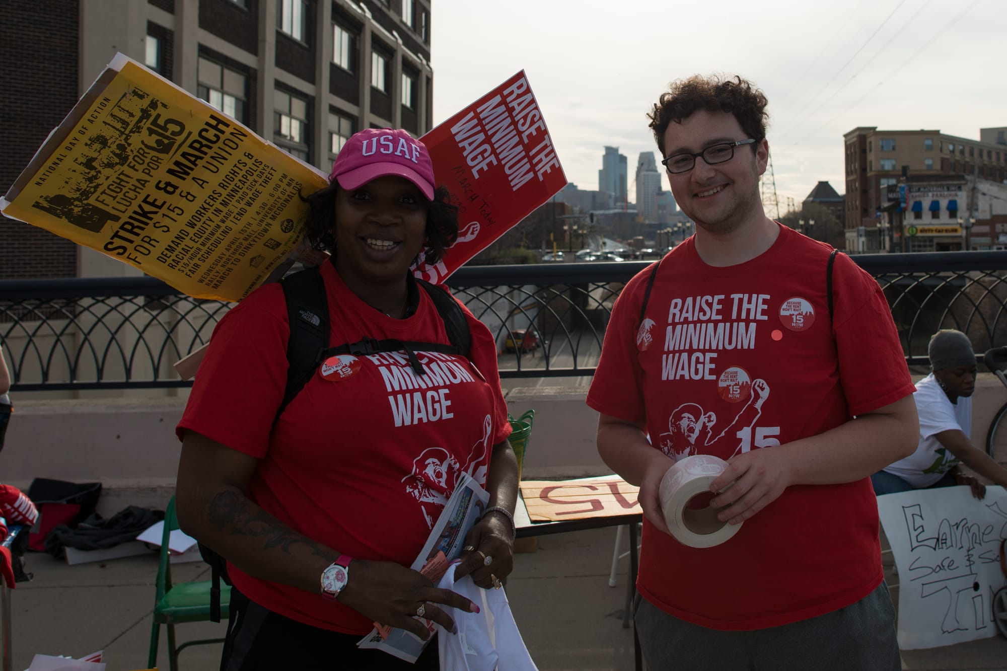 Dinkytown minimum wage march
Minneapolis, Minnesota, USA
April 15, 2015

Food workers across the USA walked out on strike to hold protests and marches demanding a $15/hour minimum wage. In the Twin Cities, striking fast food workers were joined by university workers, students, janitors, retail workers, and airport workers. They call for a $15/hour minimum wage, paid sick days, and fairer scheduling of work hours.

Protesters met at the University of Minnesota campus in Minneapolis and marched to the McDonalds restaurant in nearby Dinkytown.


Photo by Fibonacci Blue