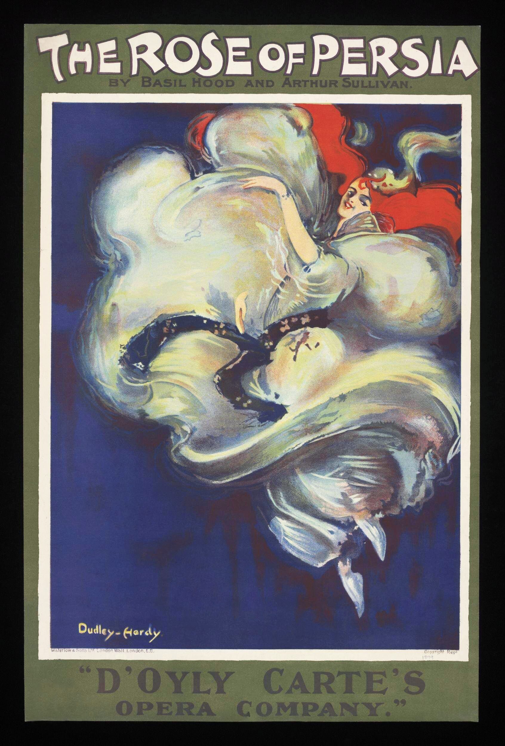 Poster by Dudley Hardy used for the original production and tour (this one from a touring production) of Basil Hood and  Arthur Sullivan's The Rose of Persia.  48.8 x 74.7cm.