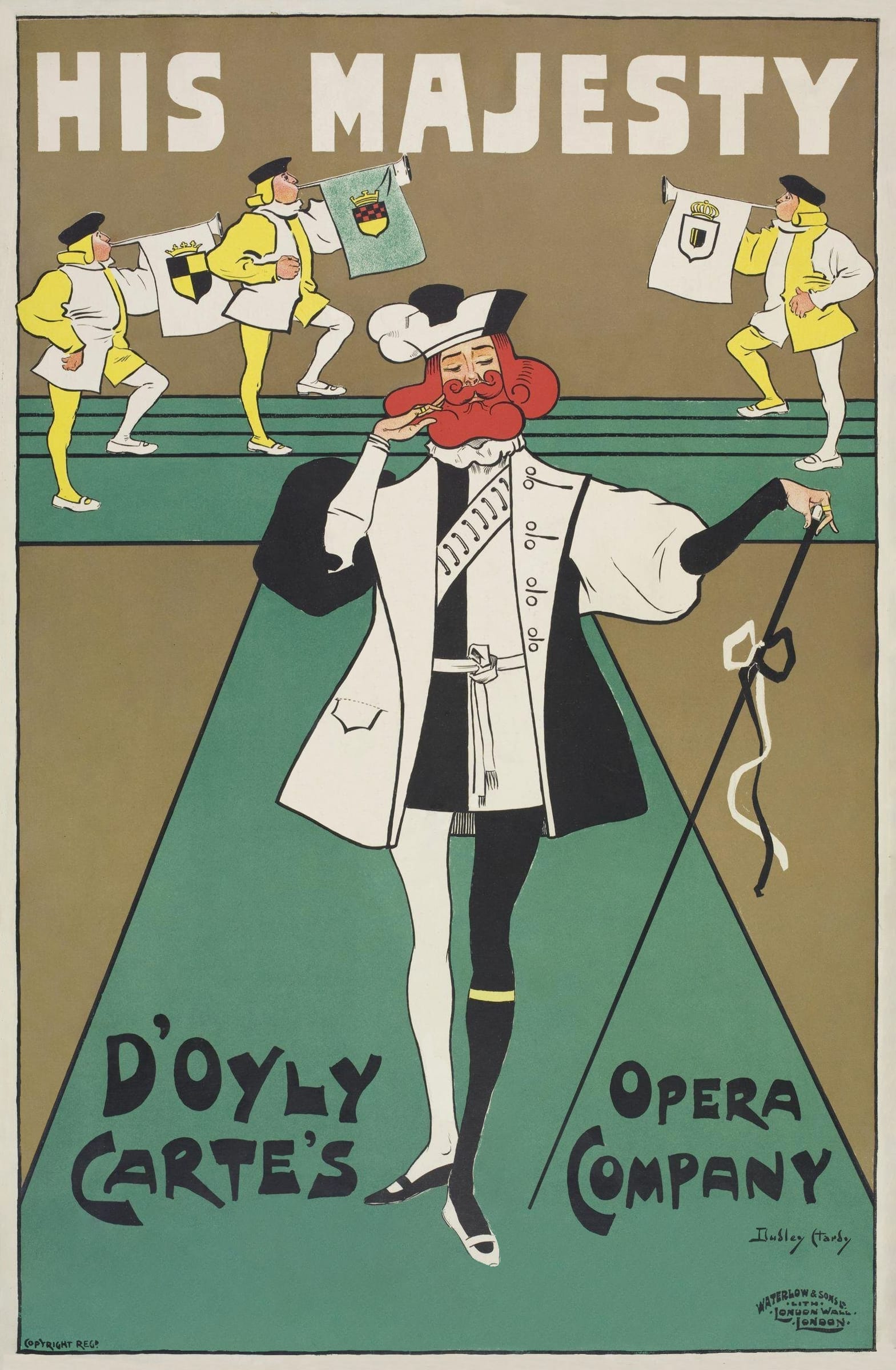 Poster for His Majesty, an opera  with dialogue by F. C. Burnand, lyrics by R. C. Lehmann, additional lyrics by Adrian Ross and music by Alexander Mackenzie.  From the original 1897 production by the D'Oyly Carte Opera Company (called D’Oyly Carte's on the poster) or the tour immediately following.    48.2cm x 75.6cm