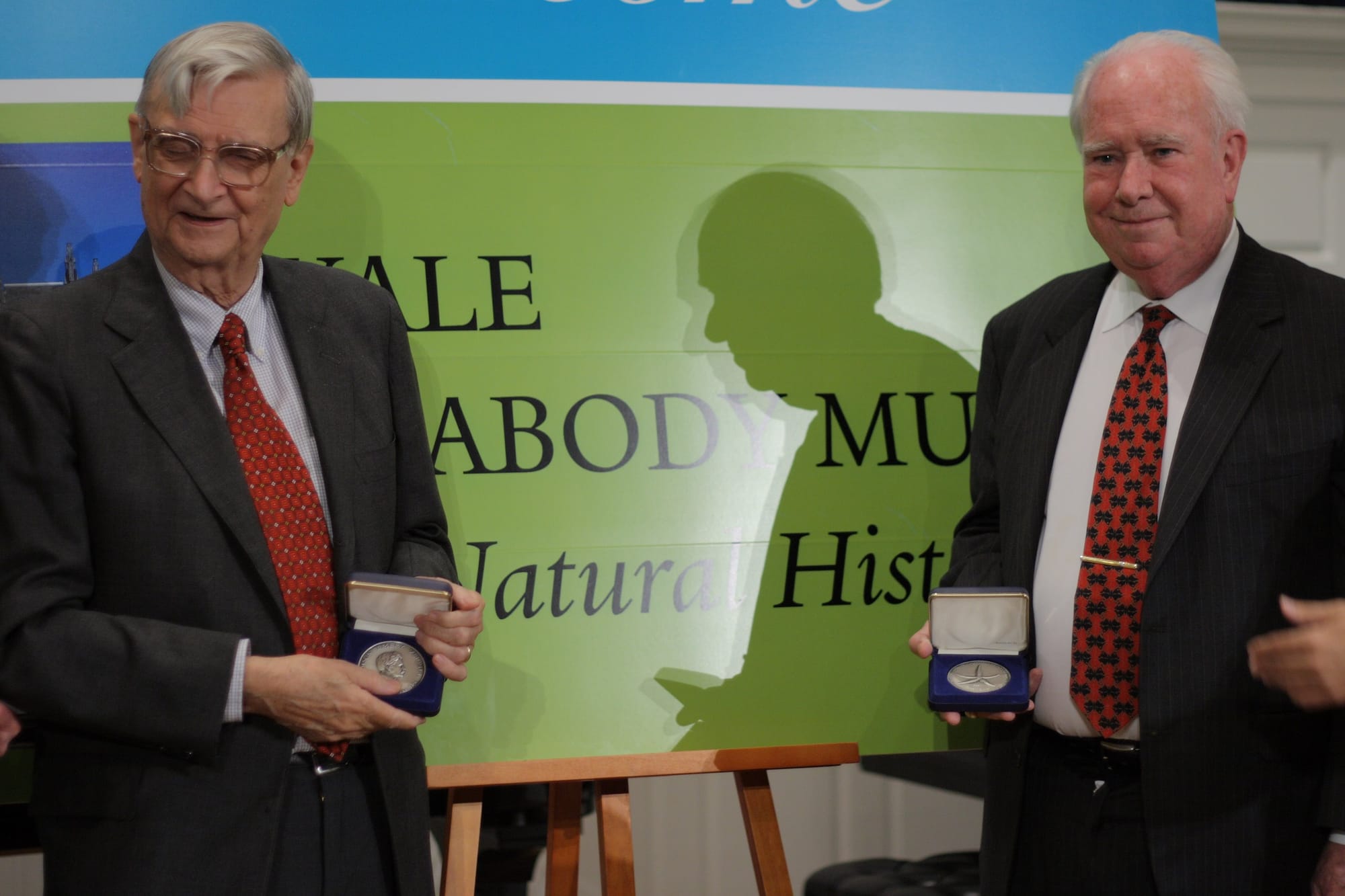 Conservationists Edward O. Wilson and Peter H. Raven at a "fireside chat" at Yale University, at which they were awarded the Addison Emery Verrill Medal from the Peabody Museum of Natural History.