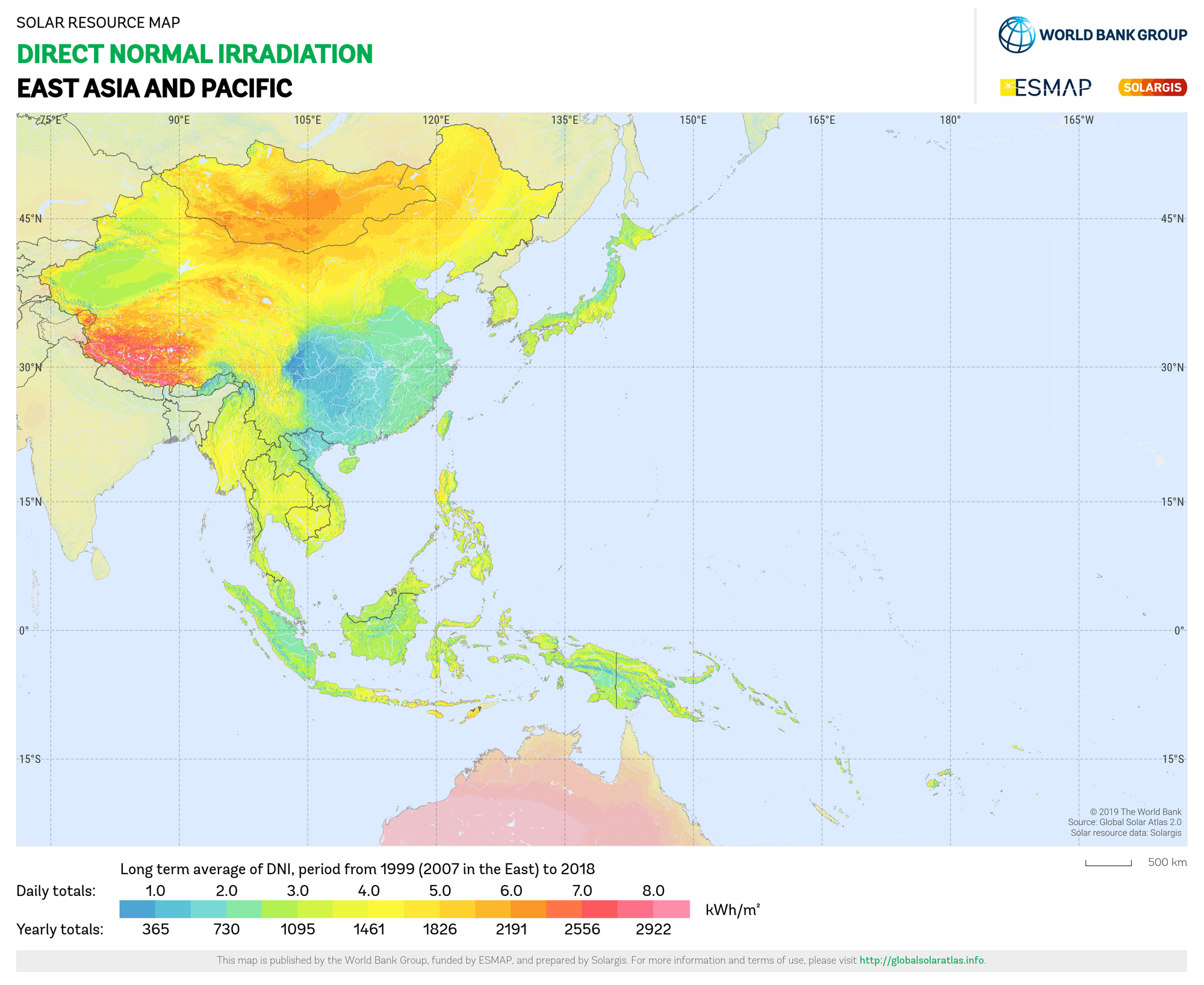 Solar resource: DIRECT NORMAL IRRADIATION (DNI) - this map provides a summary of the estimated solar energy available for power generation and other energy applications. It represents the long-term average of daily/yearly totals of direct normal irradiation (DNI). The underlying solar resource database is calculated by the Solargis model from atmospheric and satellite data with 15- or 30-minute time step. The effects of terrain are considered at nominal spatial resolution of 250 m. DNI is the most important parameter for energy yield calculation and performance assessment of concentrating solar power (CSP) and concentrator solar photovoltaic (CPV) technologies. DNI is also important for the calculation of global irradiation received by tilted or sun-tracking photovoltaic modules. Further details available at: https://globalsolaratlas.info.